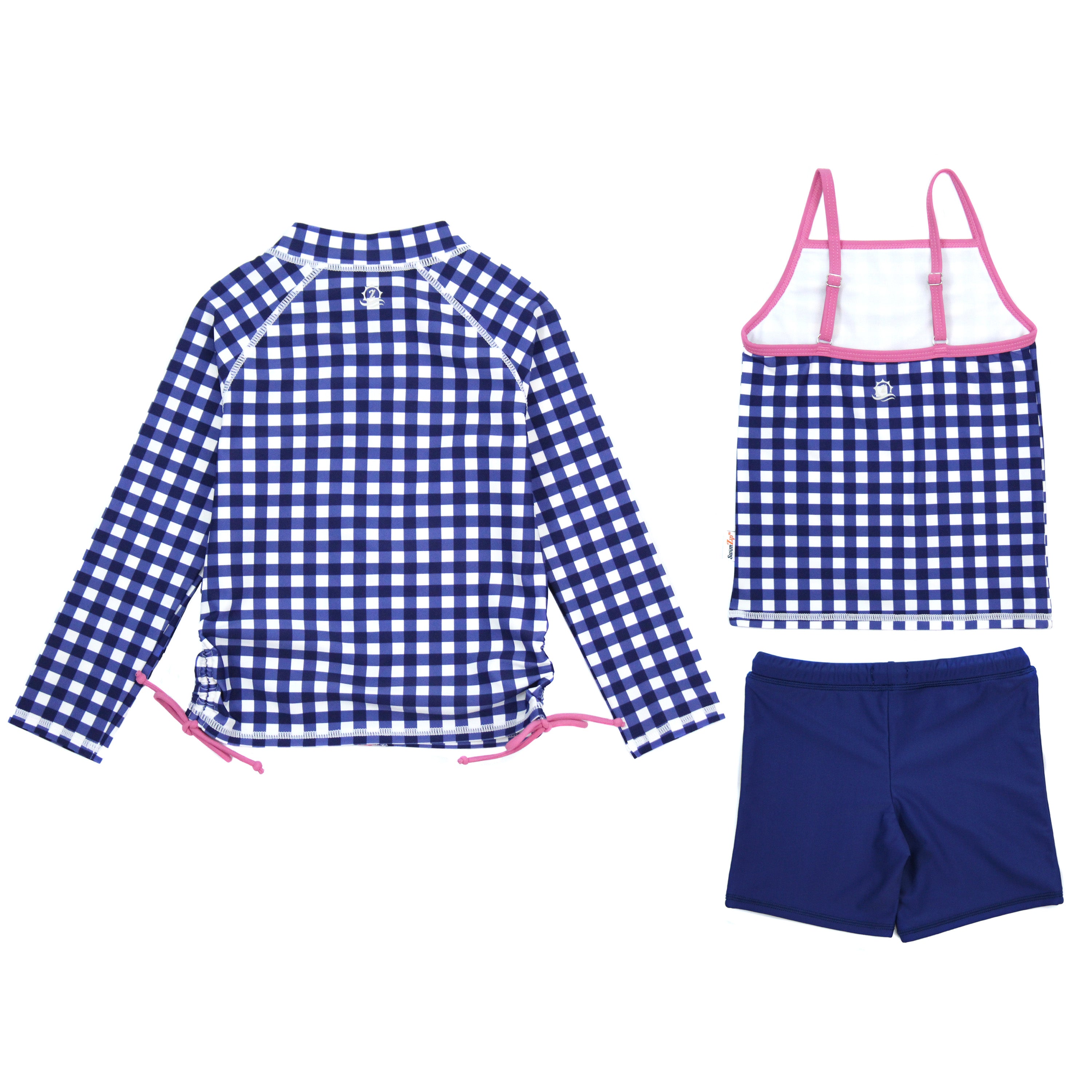 Girls Long Sleeve Rash Guard & Tankini Shorts Set - 3 Piece Swimwear | Navy Gingham Print | UV Protection for Beach, Pool & Water Sports