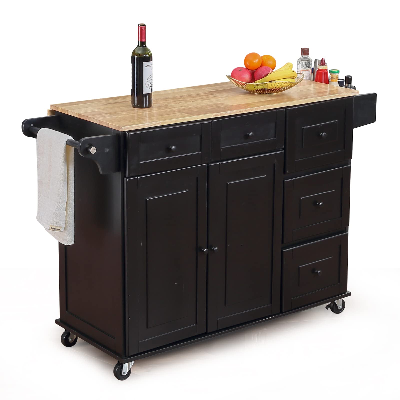 HOMREST Kitchen Island with Drop Leaf - Rolling Mobile Kitchen Cart with Wooden Countertop, Spice Rack, Adjustable Shelves & Drawers - Perfect for Small Kitchens, Dining Room Storage & Food Prep Station