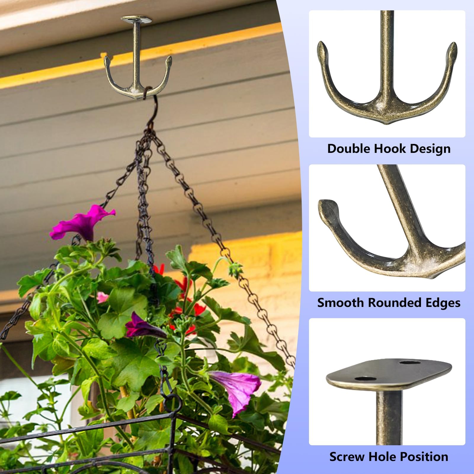 8 Pack Bronze Anchor Two Prong Ceiling Hooks - Heavy Duty Hanging Hooks for Closet, Bathroom, Kitchen Cabinet & Garage Organization - Perfect for Hanging Plants, Lights, Decor & Storage Items