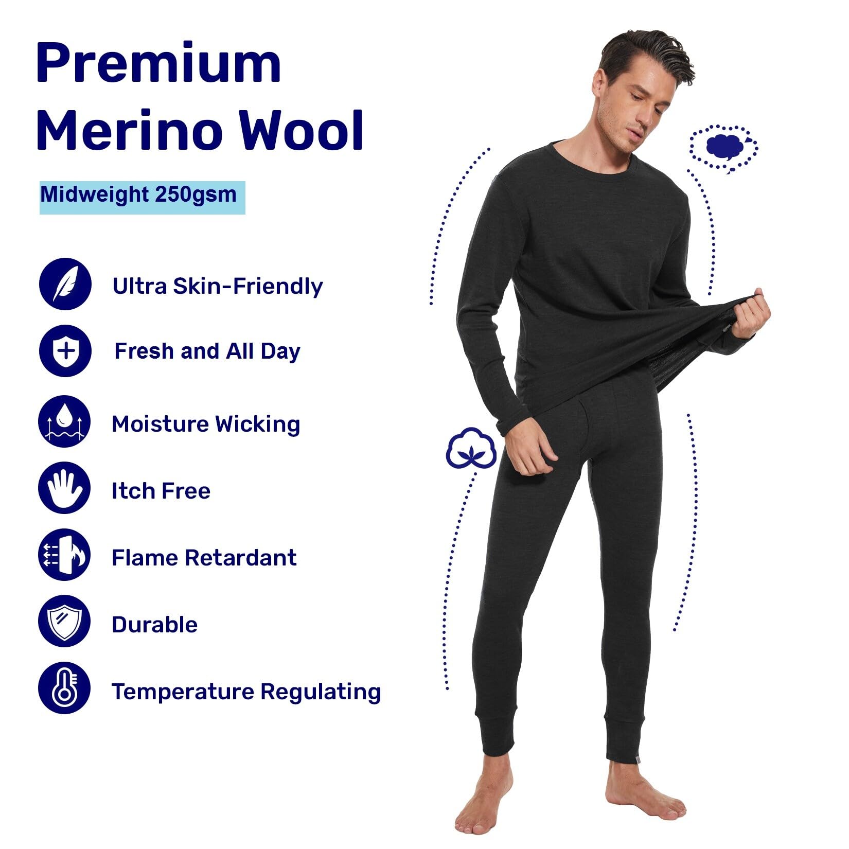 Premium Merino Wool Base Layer Set for Men - 100% Natural Thermal Underwear, Long Sleeve Shirt & Pants - Ideal for Hiking, Skiing & Cold Weather Outdoor Activities