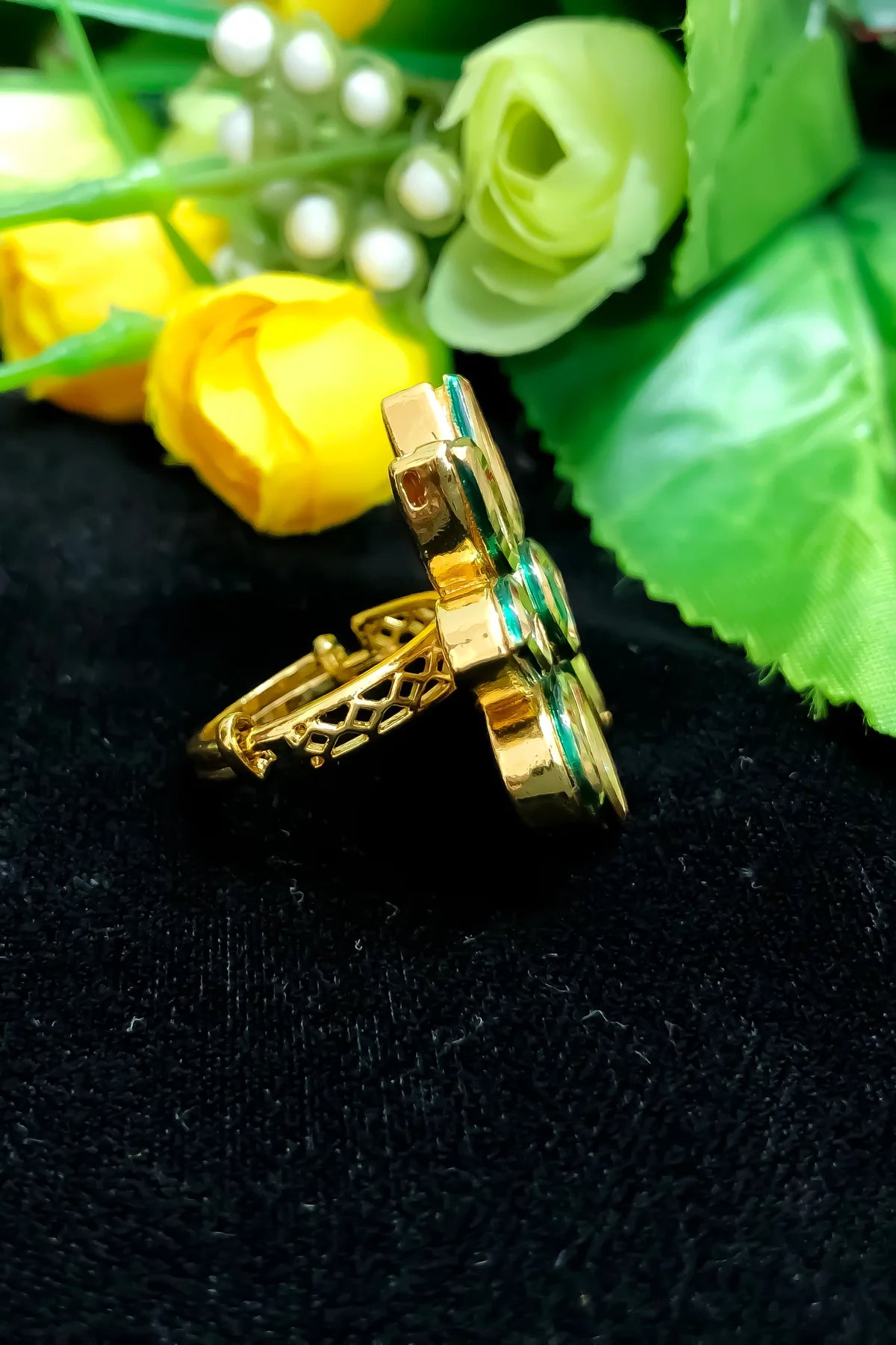 Designer Gold Plated Royal Kundan Beaded Ring (Design 195) - Elegant Indian Jewelry for Weddings, Parties & Special Occasions