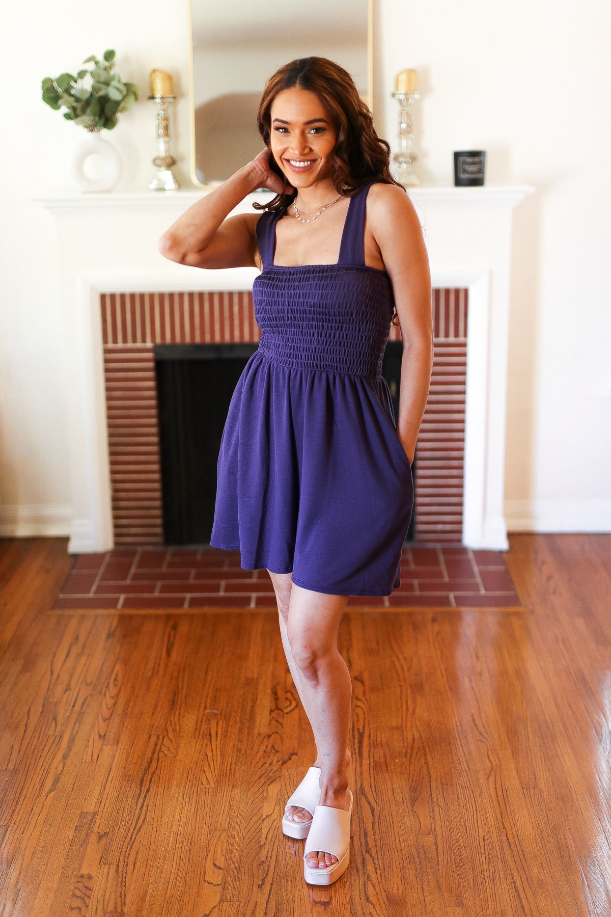 Indigo Terry Smocked Tank Top & Baggy Shorts Romper for Women - Casual Summer Outfit, Beach Cover-Up, Lounge Wear, and Vacation Style