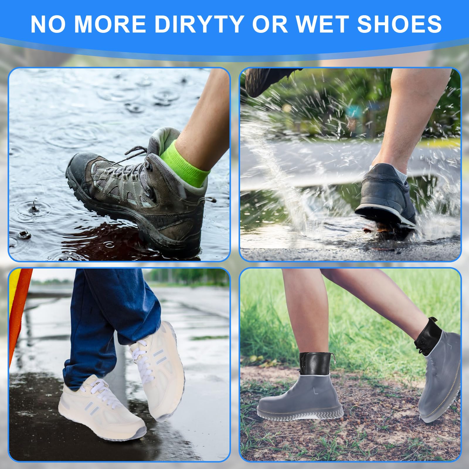 2 Pairs Waterproof Shoe Covers for Women & Men - Reusable Silicone Rain Boot Covers with Clear Hard Non-Slip Sole - Perfect for Outdoor Travel, Hiking, Commuting & Rainy Day Protection