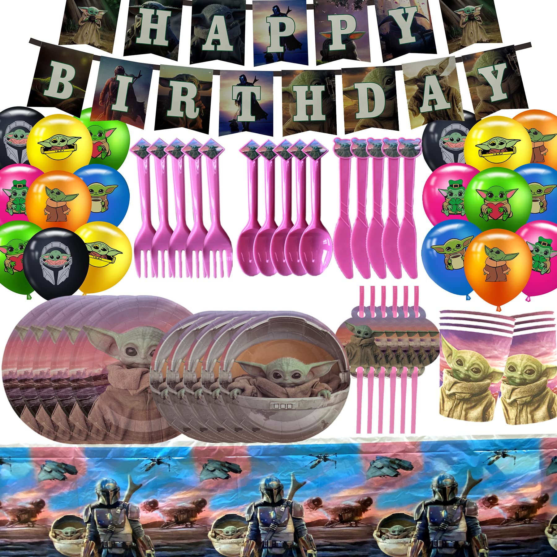 Baby Yoda Birthday Party Supplies Kit for 10 Guests - Includes Banner, Table Cover, Plates, Cups, Straws, Cutlery & Balloons - Star Wars Themed Party Decorations & Favors - Perfect for Kids Birthday Celebrations, Baby Showers & Themed Events