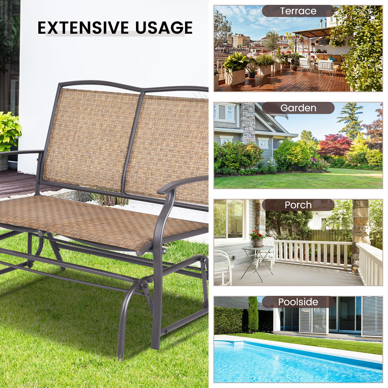 Giantex 2-Person Outdoor Patio Glider Bench - 400 lbs Capacity Steel Frame Swing Chair with Ergonomic Back Support & Premium Fabric - Brown Natural Style Loveseat for Garden, Porch, Deck & Backyard Relaxation
