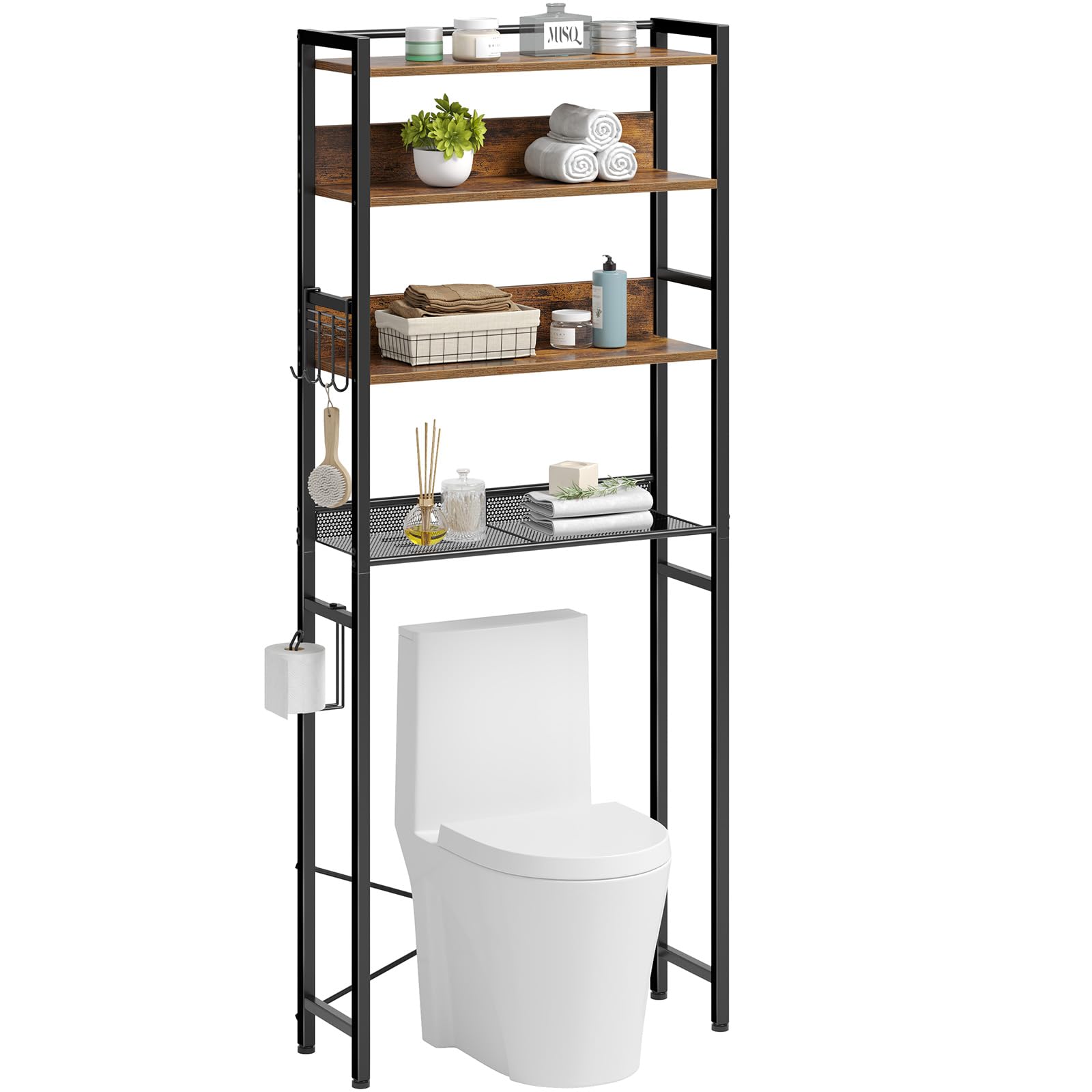 Rolanstar 4-Tier Over The Toilet Storage Organizer - Freestanding Bathroom Shelf with Hooks, Space-Saving Design for Small Bathrooms, Rustic Brown - Perfect for Towels, Toilet Paper & Bathroom Essentials Storage