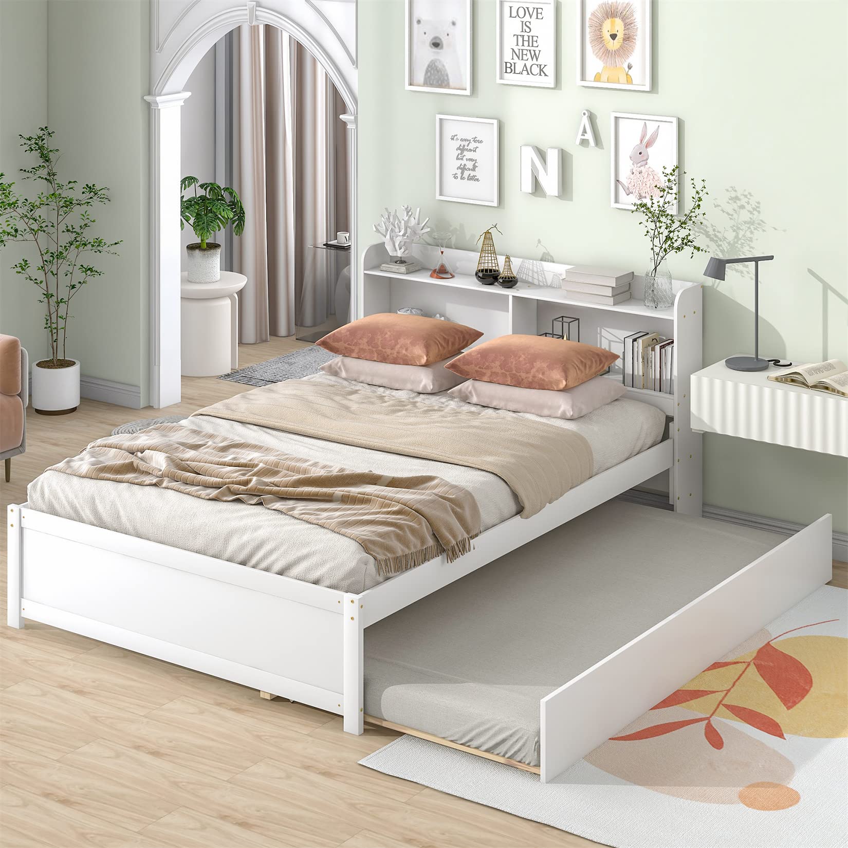 Bellemave Full Size Wooden Platform Bed with Trundle, Bookcase Headboard & Storage - Sturdy Slat Support for Kids, Boys, Girls & Teens - White - Perfect for Small Bedrooms, Guest Rooms & Dormitories