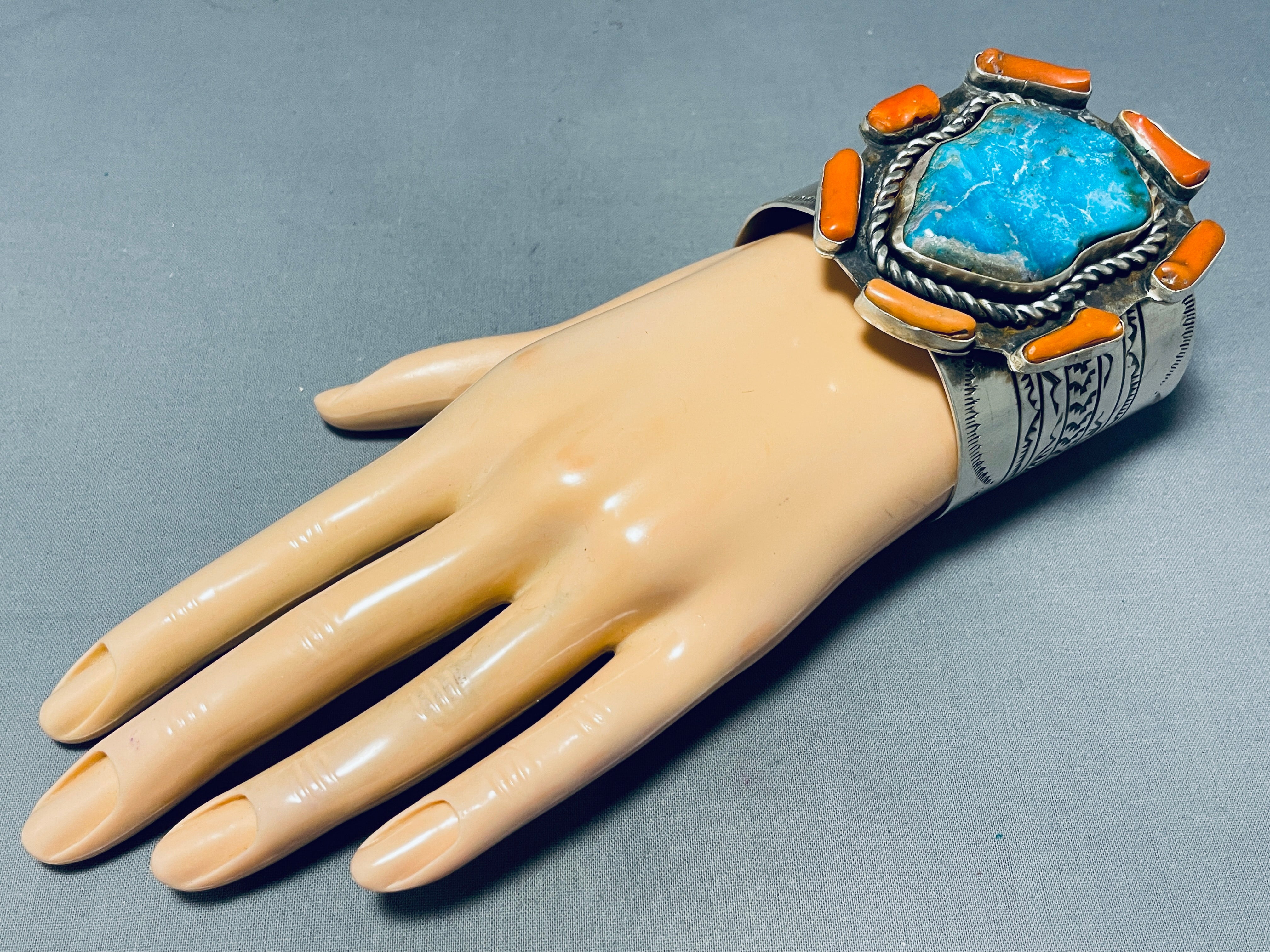 143g Stunning Native American Navajo Turquoise Coral Sterling Silver Bracelet - Perfect for Boho Fashion, Gift Giving & Spiritual Jewelry Collection