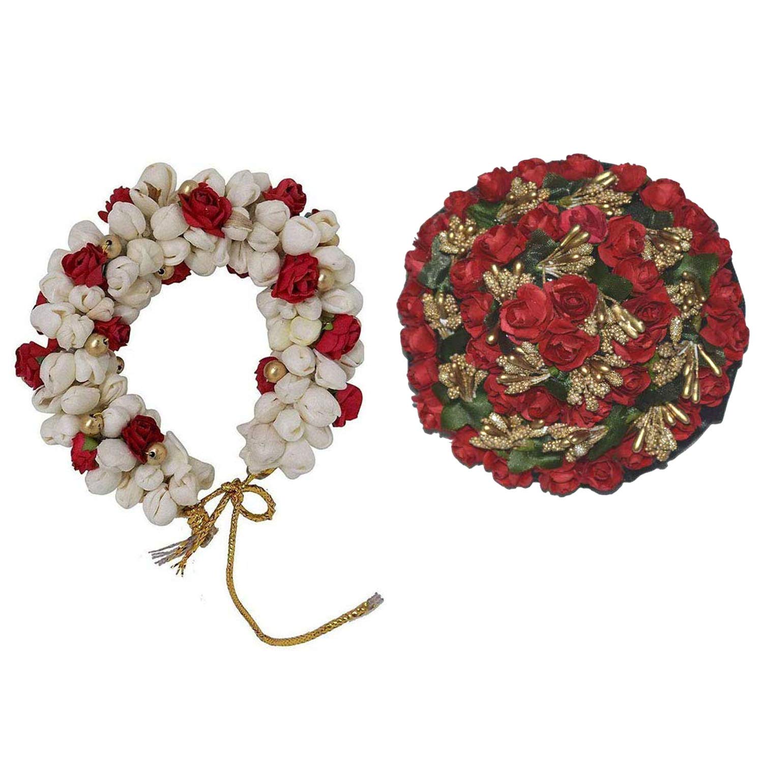 GuruEmbellish Artificial Hair Bun - Mogra Gajra & Full Juda Bun for Women (White & Red, 2-Pack) - Perfect for Weddings, Parties & Traditional Indian Outfits