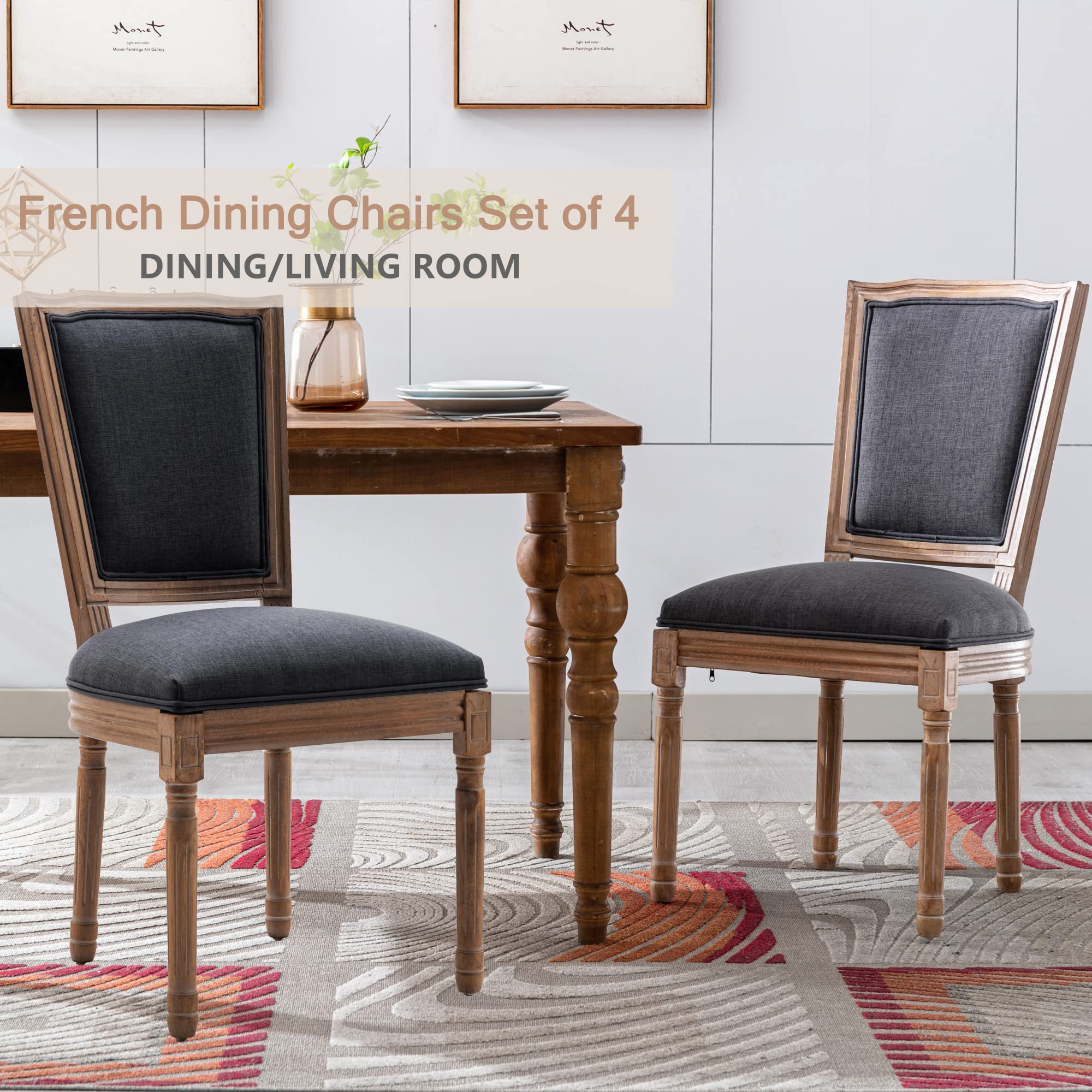 Nrizc Farmhouse Dining Chairs Set of 4 - French Countryside Square Back Bistro Chairs with Brown Wood Legs in Dark Grey | Perfect for Dining Room, Kitchen, Living Room & Restaurant Decor