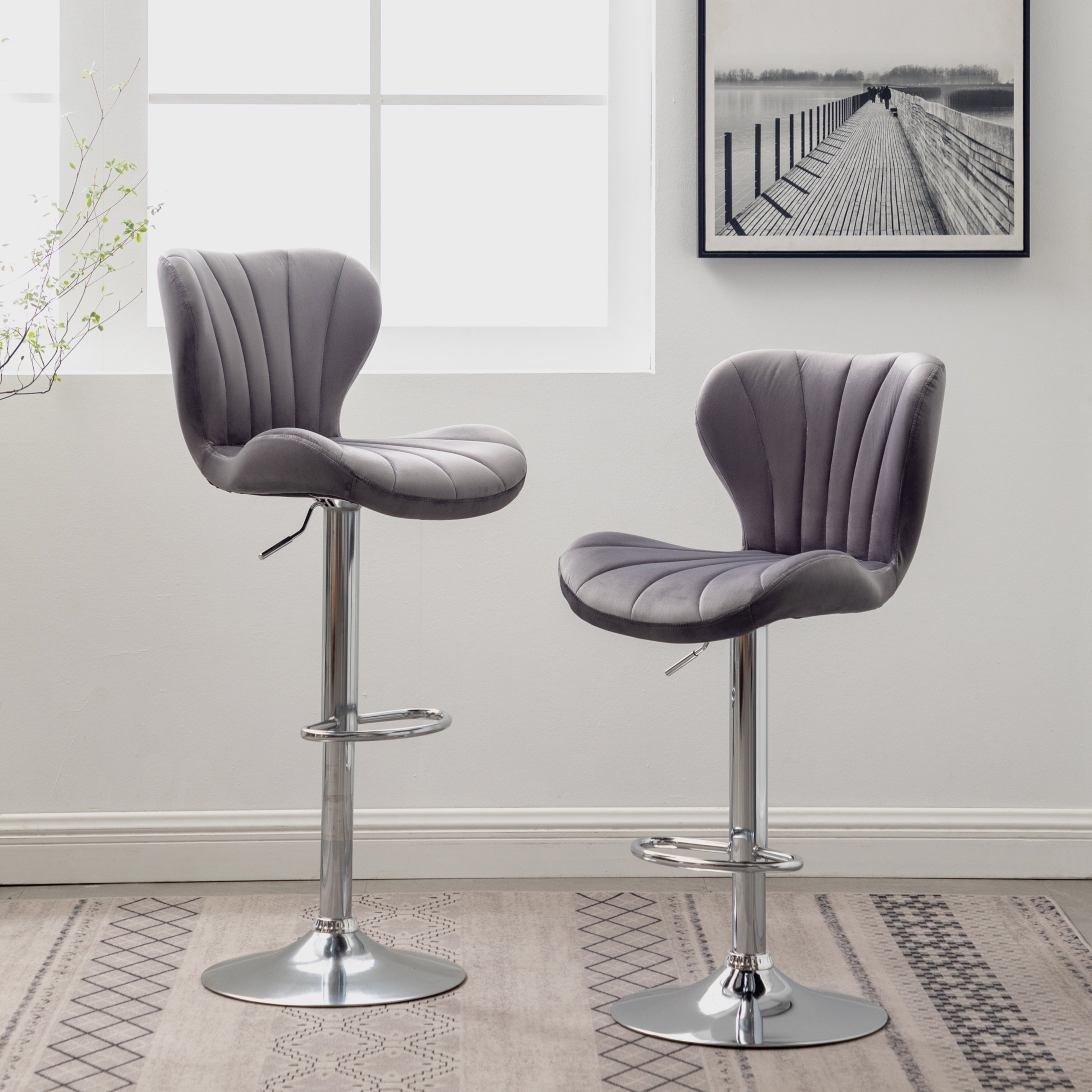 Roundhill Furniture Ellston Upholstered Adjustable Swivel Bar Stools - Set of 2, Gray - Perfect for Kitchen Islands, Home Bars & Counter Height Dining