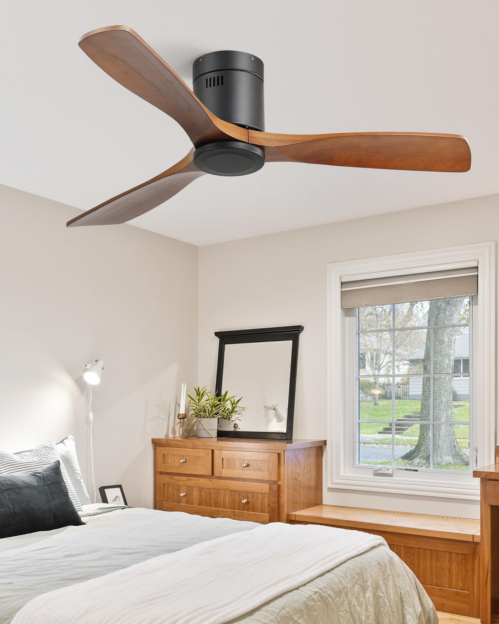 52 Inch Low Profile Flush Mount Ceiling Fan No Light - 6 Speed & 3 Timer Remote Control, 3 Wood Blades, Ultra Quiet Reversible DC Motor - Perfect for Bedrooms, Living Rooms, Patios, and Outdoor Covered Spaces