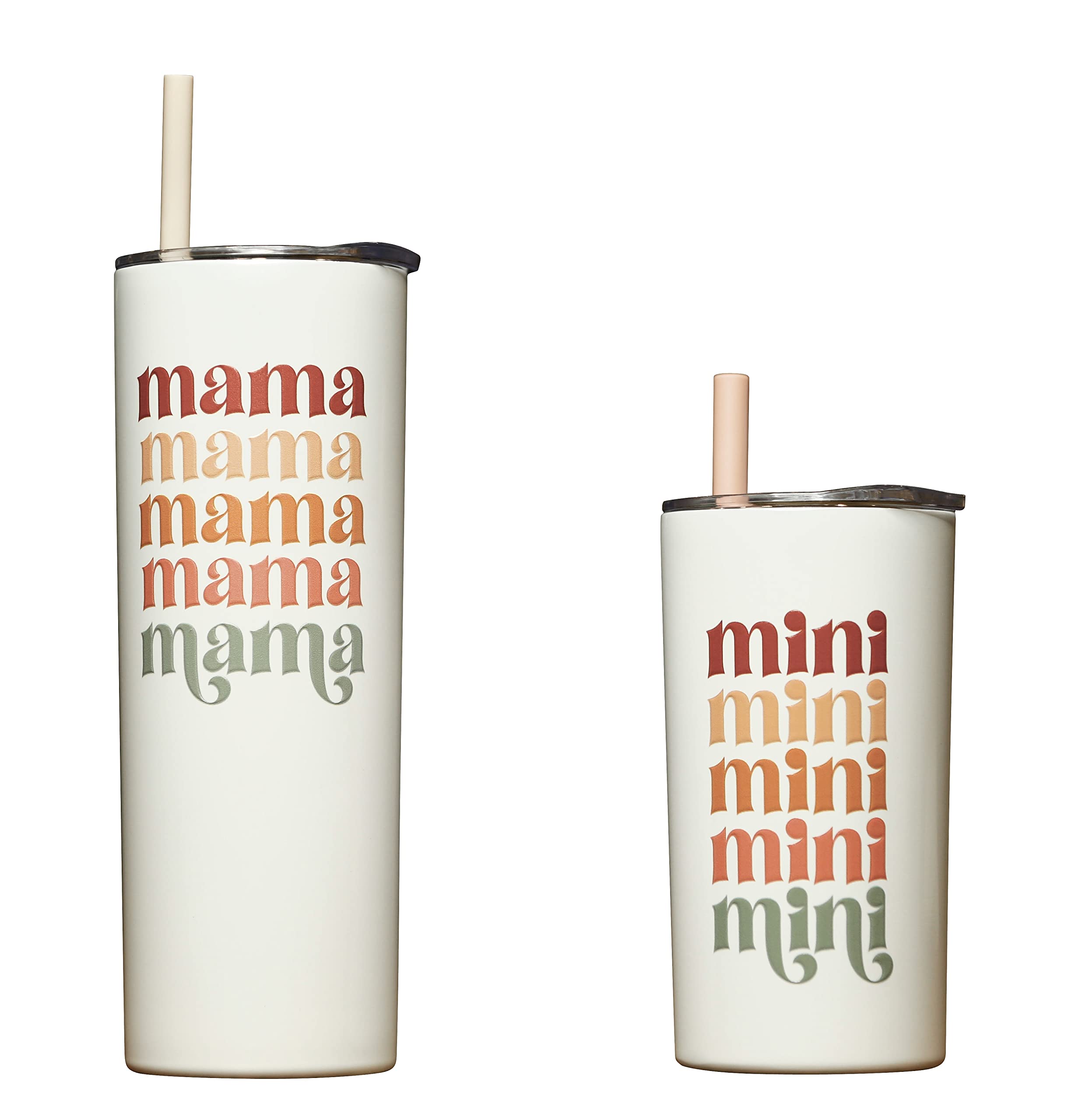 Lucky Love Mama & Mini Stainless Steel Insulated Cups Set - 3D Printed Leopard Design with Lids & Straws for Kids & Adults | Spill-Proof Mom & Toddler Travel Mugs | Perfect for Coffee, Juice & Smoothies | White Retro Style