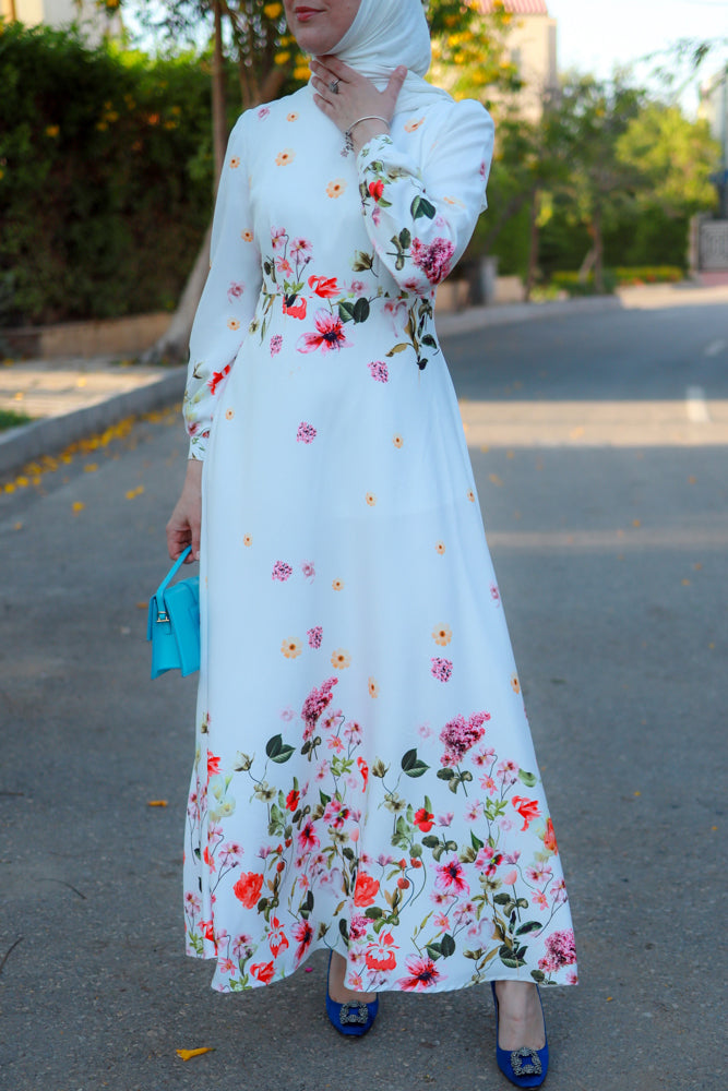 Floral Print Maxi Dress with Sleeves - Off White Back to Basics Floral Border Design | Perfect for Summer Weddings, Beach Vacations & Boho Chic Outfits