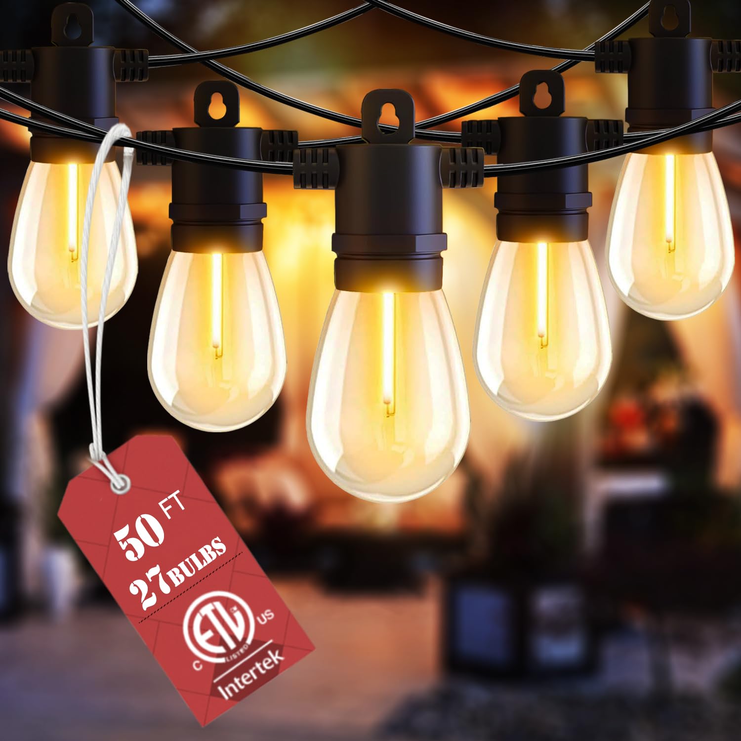 50FT Outdoor String Lights with 27 S14 Vintage LED Bulbs - Waterproof & Shatterproof 2700K Warm White Hanging Lights for Backyard, Patio, Garden, Porch, Cafe & Bistro Decor | Perfect for Parties, Weddings & Outdoor Dining