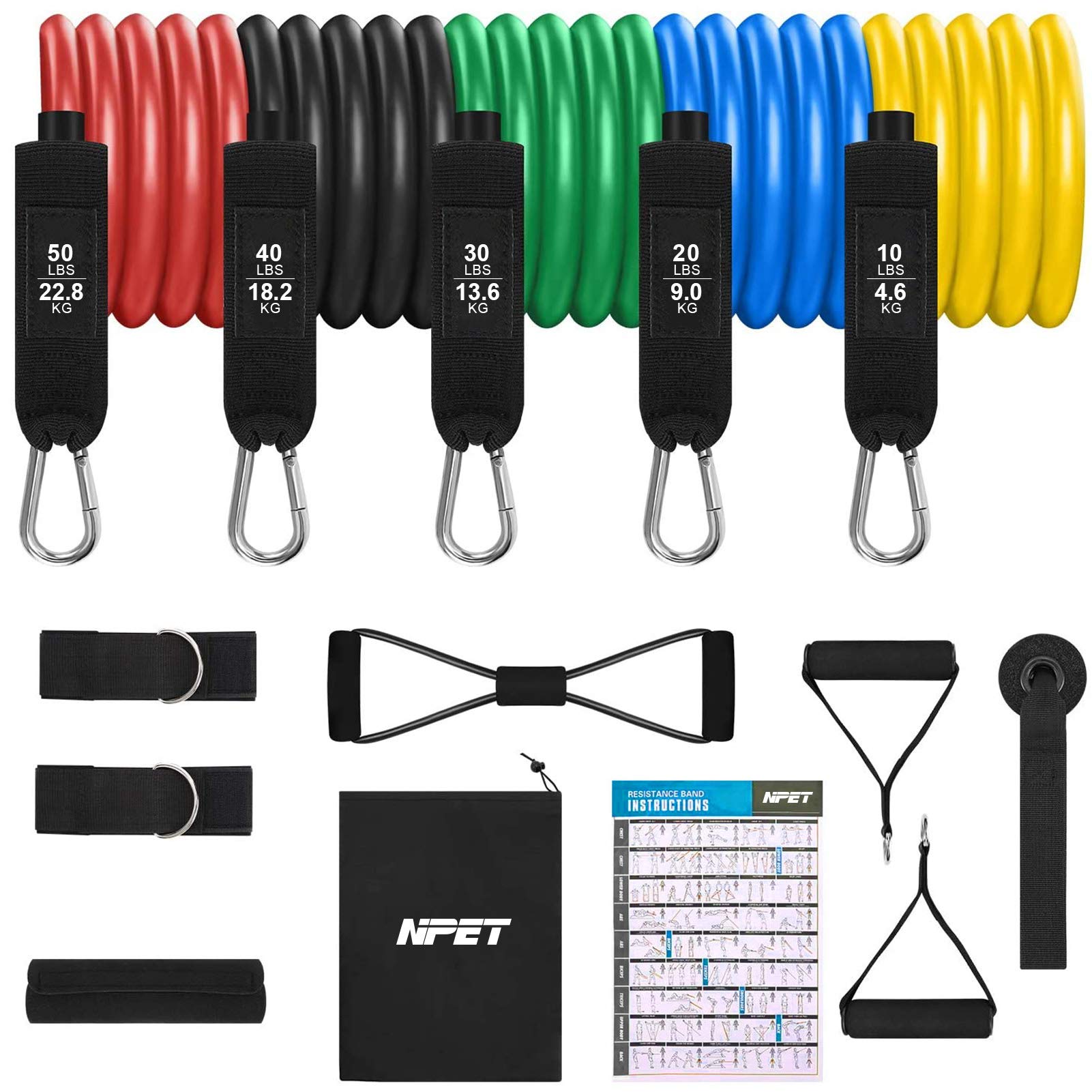 NPET 13-Piece Resistance Band Set with Handles, Ankle Straps, Door Anchor & Carry Bag - Premium Exercise Bands for Strength Training, Home Workouts, Physical Therapy & Yoga | Perfect for Gym, Travel & Rehabilitation