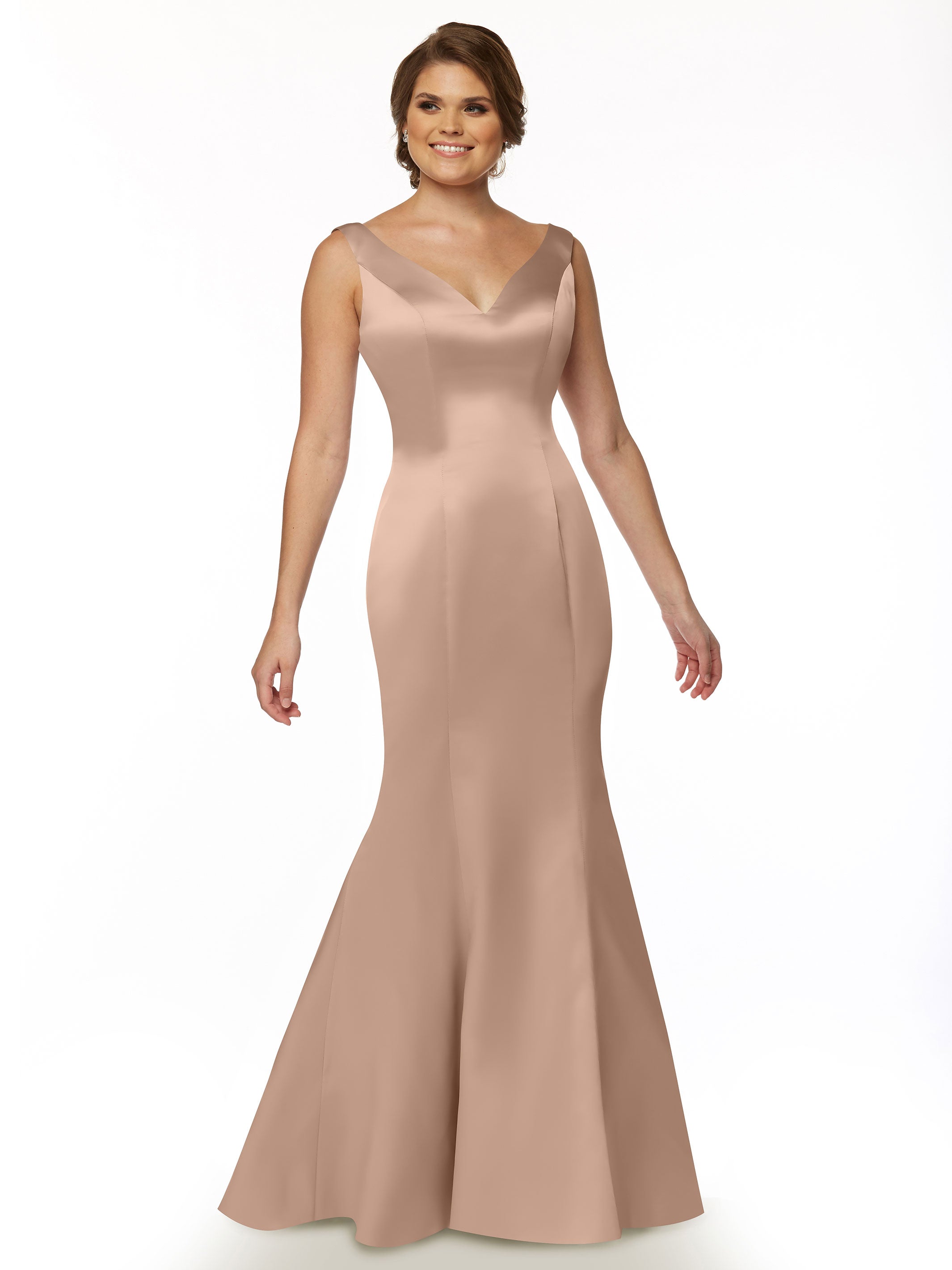 Elegant 80078 Fit and Flare Satin Bridesmaid Dress with V-Neckline & Ruffled Back - Perfect for Weddings, Prom, and Formal Events