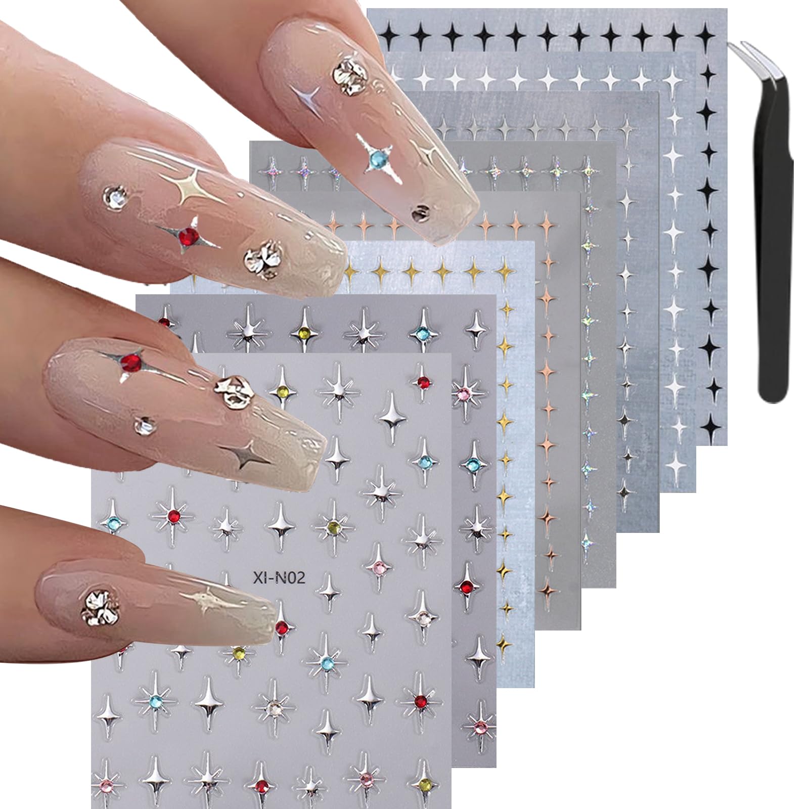 8 Sheets 3D Glitter Star Nail Art Stickers - Self-Adhesive Shiny Nail Decals in Gold, Silver, White & Black | Nail Art Supplies for Women | Perfect for Manicure, Parties, Holidays & Special Occasions