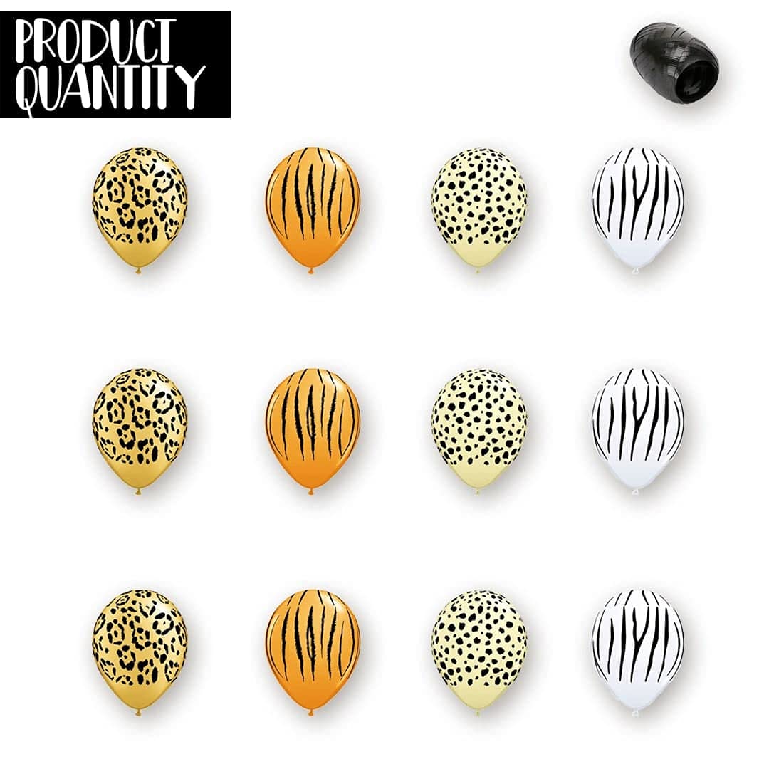 12PCS Jungle Animal Print Balloons - Safari & Zoo Themed Latex Balloons with Matching Ribbon for Birthday Party Decorations, Baby Shower, Jungle Theme Events (Zebra, Giraffe, Leopard Prints)