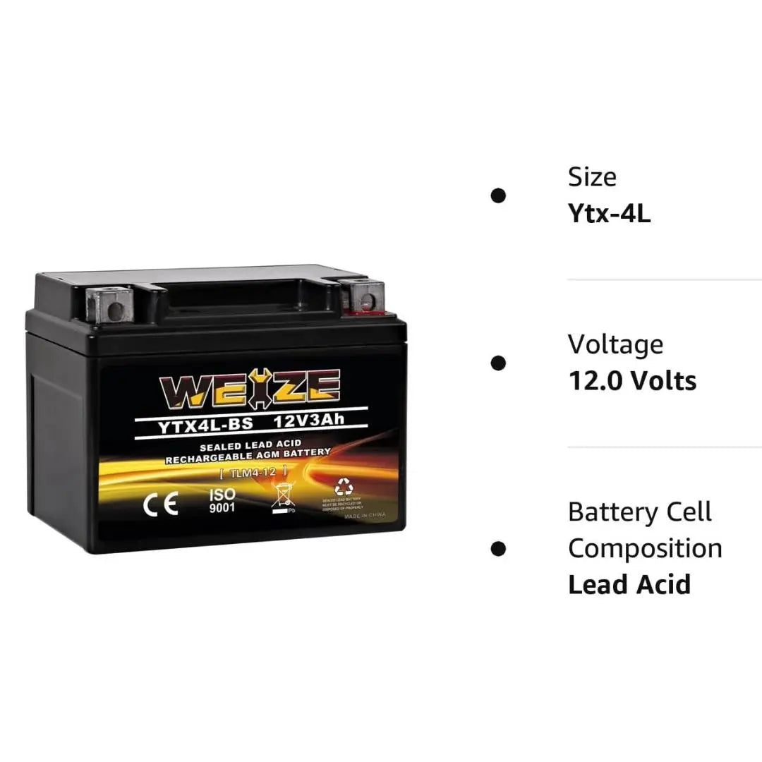 WEIZE YTX4L-BS 12V 3Ah High Performance AGM Sealed Motorcycle Battery - Compatible with Polaris Scrambler, Sportsman 90, Honda NQ50 Spree, Kawasaki 110, Can-Am DS70, Yamaha TTR125E/LE - Perfect for ATVs, Scooters & Dirt Bikes - Maintenance-Free & Long-Lasting Power Solution