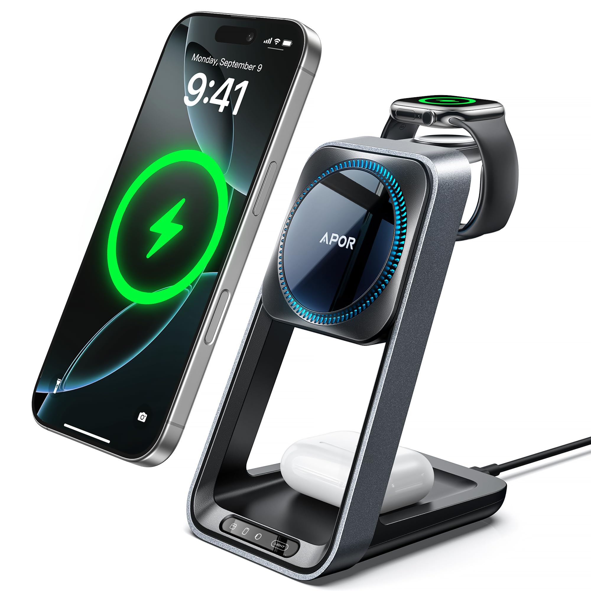 3-in-1 Magnetic Wireless Charging Station for iPhone 16/15/14/13/12 Series, Apple Watch 10/Ultra 2 & AirPods 4/3/Pro/Pro 2 - Fast Charging with Cooling Fan - Perfect for Home, Office and Travel