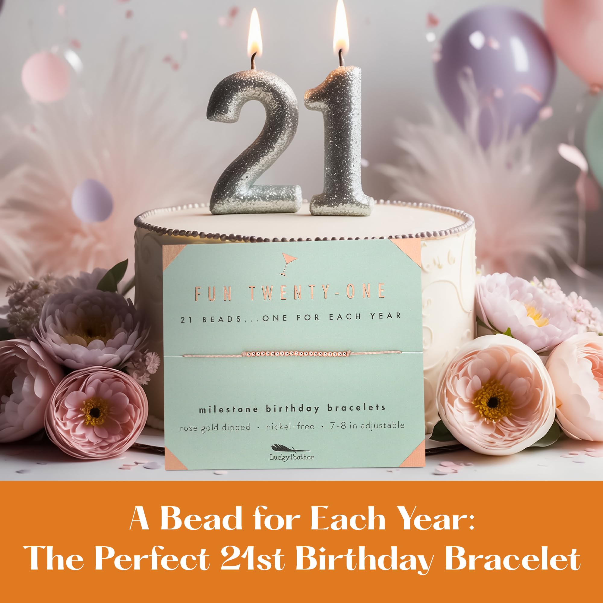 21st Birthday Gifts for Women - 14K Gold Dipped Beads Adjustable Bracelet | Lucky Feather Charm | Elegant Jewelry Gift for Her | Perfect for Parties, Graduation & Special Occasions