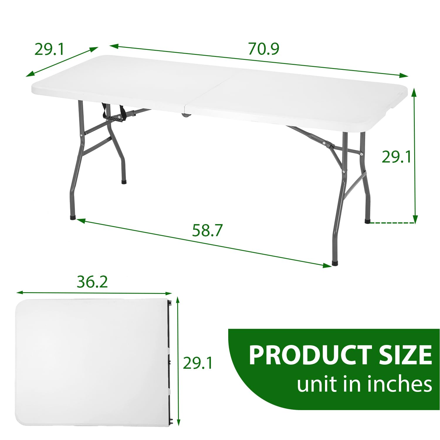 6 Foot Folding Table - Heavy Duty Portable Camping Table for Indoor & Outdoor Use - Multipurpose Utility Dining Table with Fold-in-Half Design - Perfect for Picnics, Parties, BBQs, Tailgating and Camping Trips - White