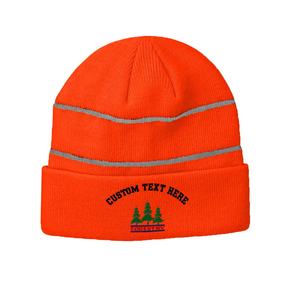 High Visibility Reflective Beanie with Forestry Embroidery - Acrylic Skull Cap for Men & Women - Custom Neon Orange Running Gear - Perfect for Night Jogging, Cycling & Outdoor Safety Work