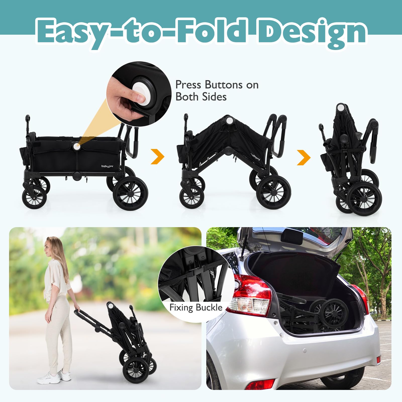 **BABY JOY Double Stroller Wagon for 2 Kids - Foldable Push Pull Wagon with Adjustable Handle, Removable Canopy, Safety Harness, Cup Holder & Snack Tray - Perfect for Outings, Beach, Park & Shopping (Black)**