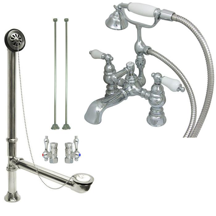 Chrome Deck Mount Clawfoot Bathtub Faucet with Hand Shower and Drain Stops - CC1156T1 System for Vintage Bathroom Renovation and Spa-Like Experience