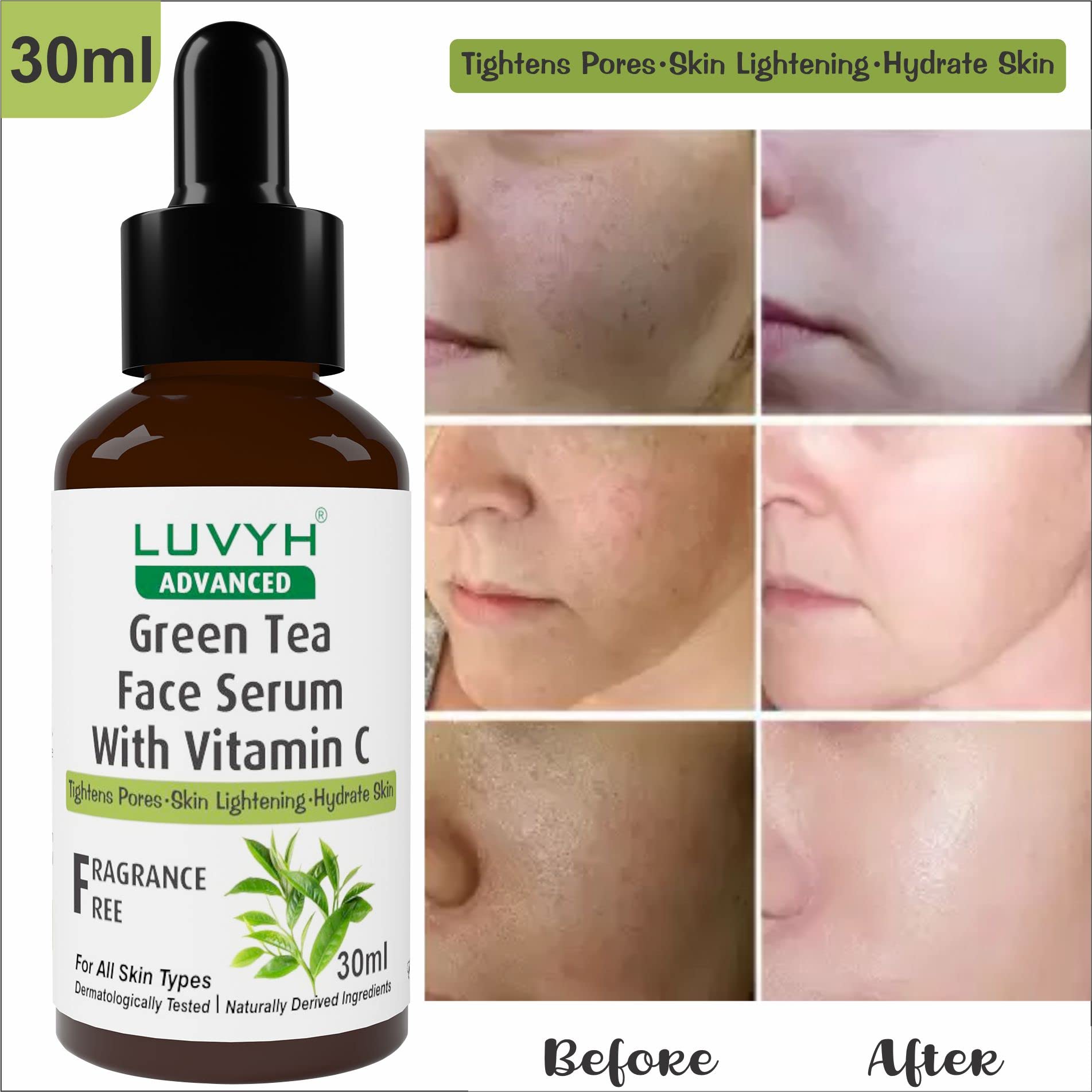 Luvyh Green Tea Face Serum with Vitamin C - Brightening & Smoothing 30ml | Anti-Aging Skincare for Glowing Skin | Day & Night Use