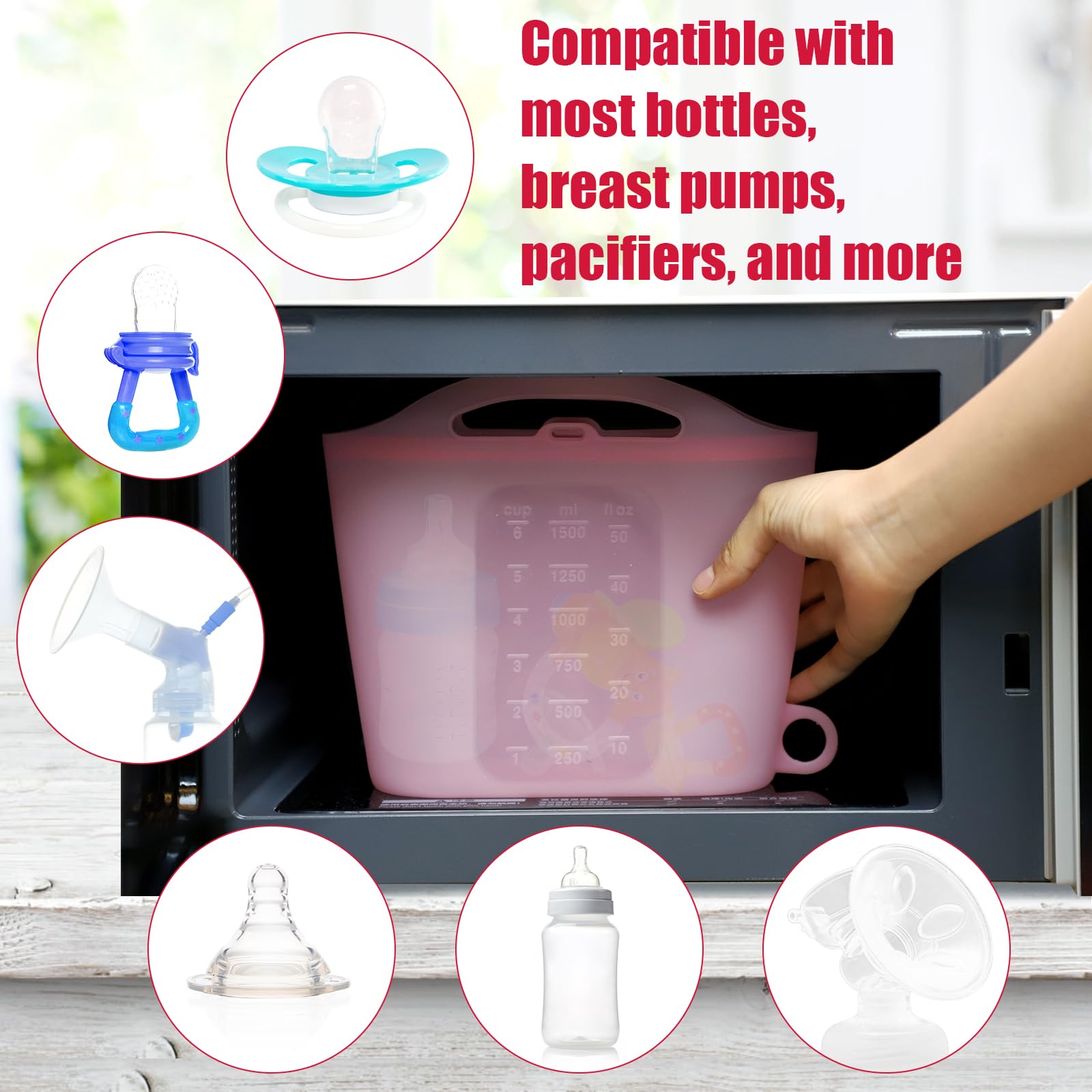 1.5L Reusable Microwave Sterilizer Bags for Baby Bottles, Pacifiers & Breast Pump Parts - BPA-Free Silicone Sterilization Pouches for Home & Travel - Essential Mom Accessories (Pink) | Perfect for Daycare, Hospital Visits & On-The-Go Sterilization