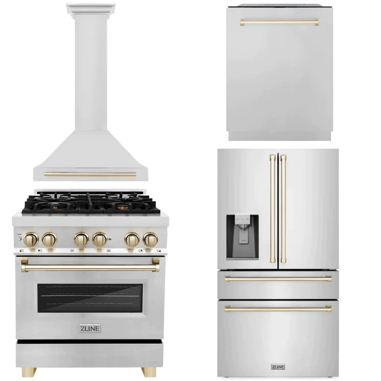 ZLINE Autograph Edition 30-inch Stainless Steel Dual Fuel Range Kitchen Package with Range Hood, Dishwasher & Refrigerator - Polished Gold Accents (4AKPR RARHDWM30 G) | Premium Kitchen Appliances for Modern Homes & Gourmet Cooking