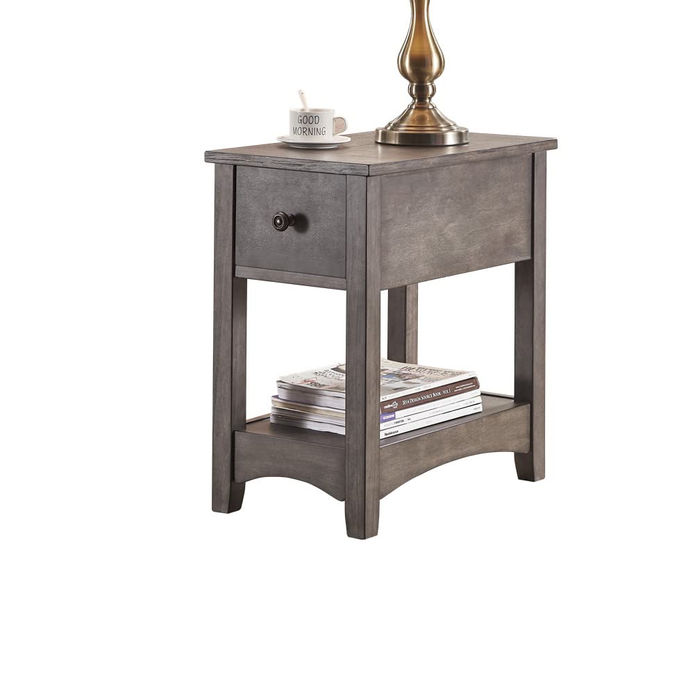 Audrey Living Narrow End Table with Drawer Storage Shelf - Vintage Style Side Table for Couch, Chair or Living Room - Solid Wood Furniture with Gray Oak Finish - Perfect for Small Spaces, Apartments & Home Decor