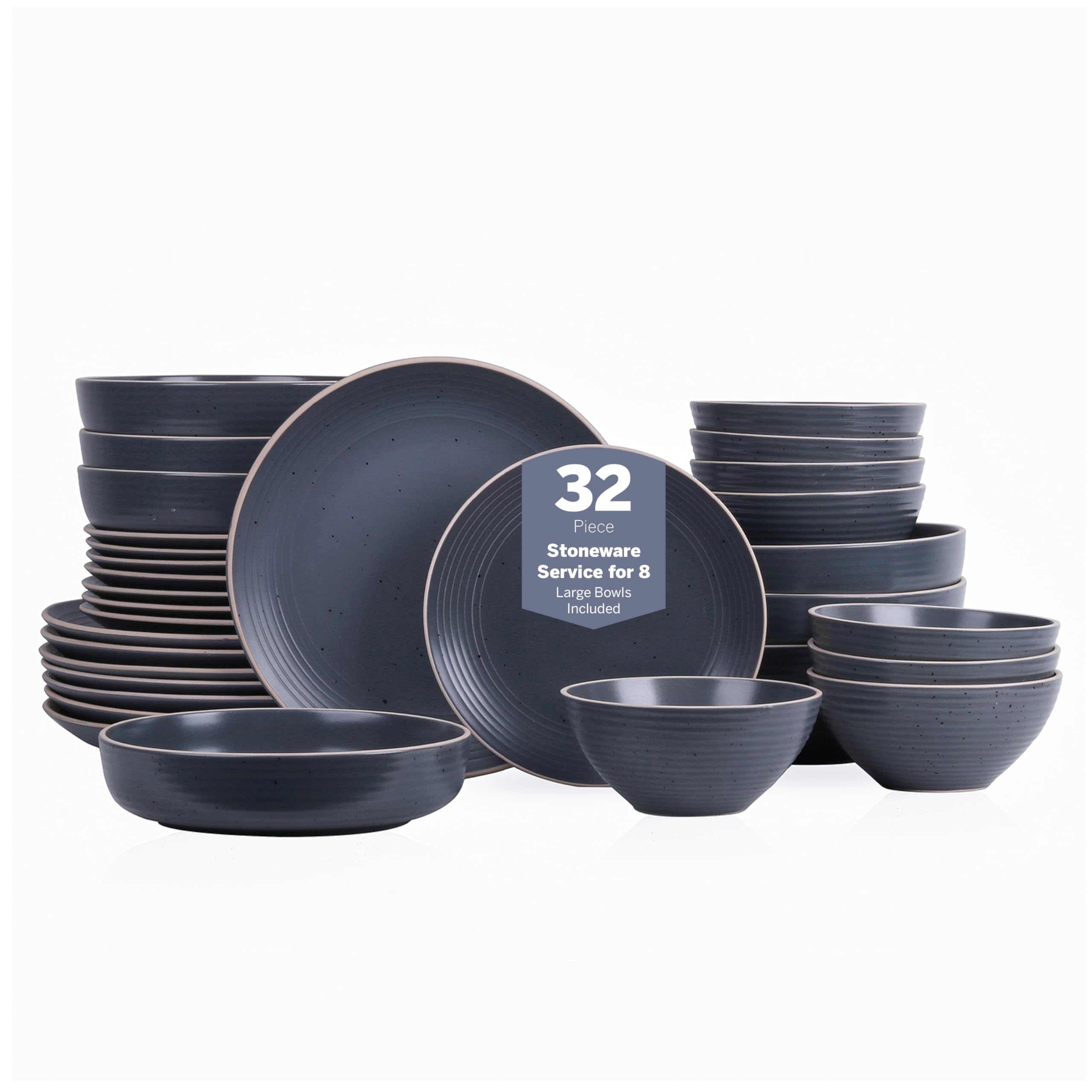 Lauren Modern Stoneware 32-Piece Round Dinnerware Set - Plates & Bowls for 8, Charcoal Gray - Elegant Dinnerware for Family Gatherings & Entertaining