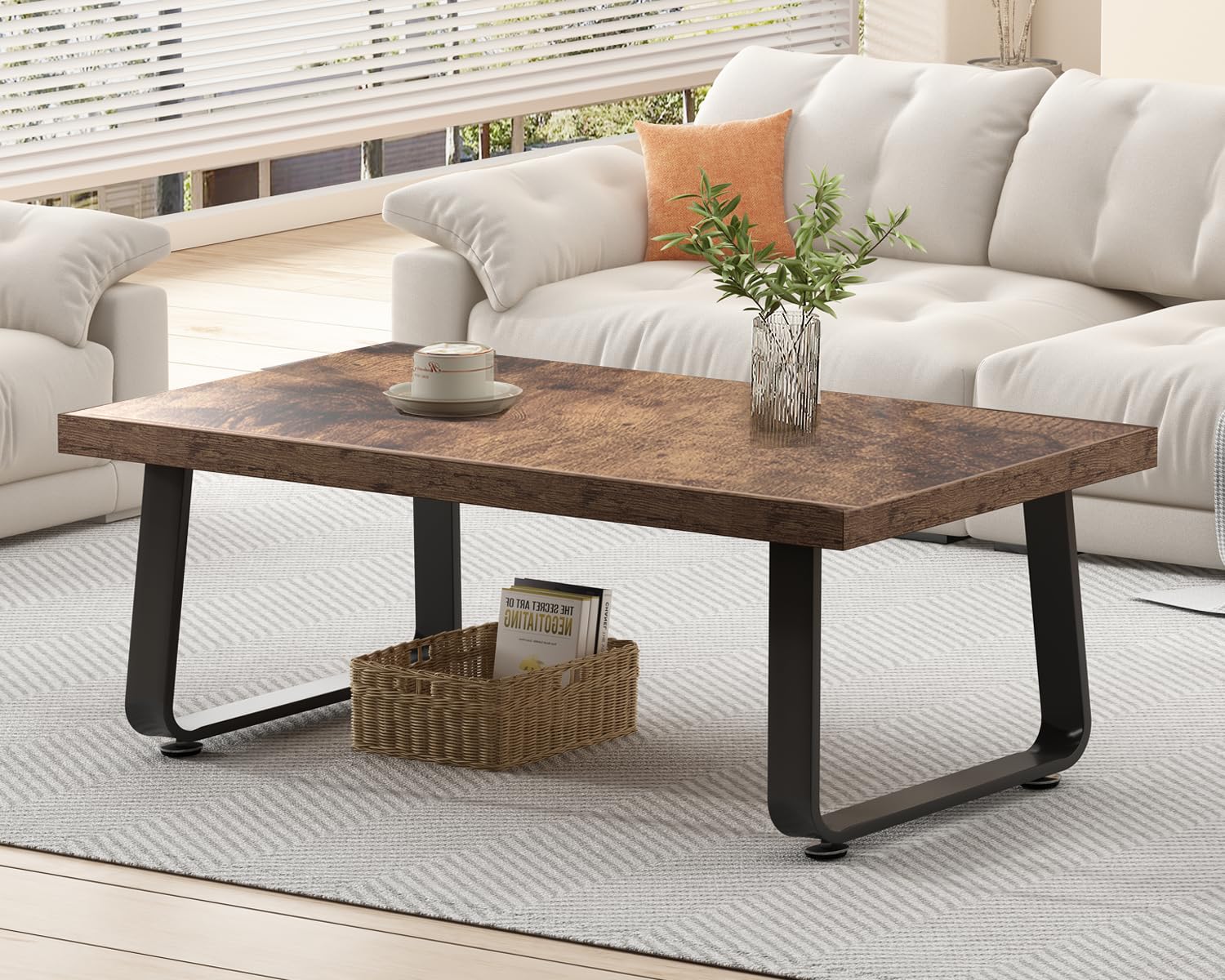 HSH Industrial Modern Wooden Coffee Table - 47 Inch Rectangle Rustic Brown Farmhouse Center Table for Living Room, Bedroom & Home Office - Minimalist Wood & Metal Cocktail Tea Table for Small Spaces & Apartment Decor