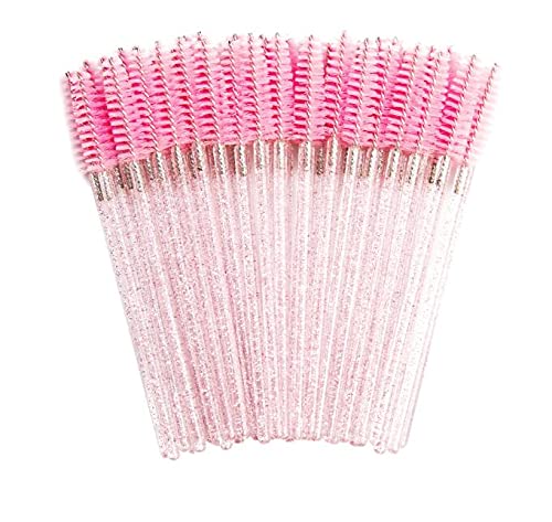 50 PCS Disposable Eyelash Brushes & Mascara Wands - Pink/Clear Glitter Eyebrow Applicator & Makeup Brush Kit for Professional Salon, Home Use & Travel Cosmetics Application