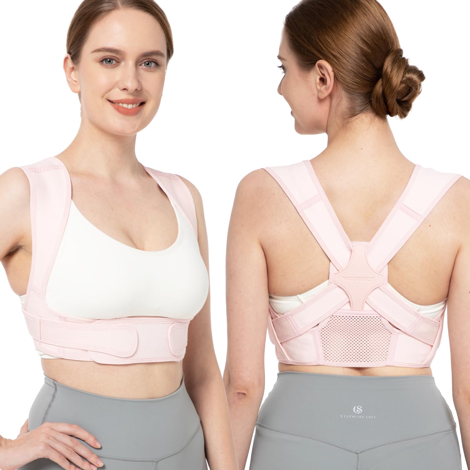 Vicorrect Adjustable Posture Corrector for Women & Men - Breathable Upper Back Brace for Neck, Shoulder & Upper Back Pain Relief - Ideal for Office, Driving & Daily Use (Pink, Size S/M)