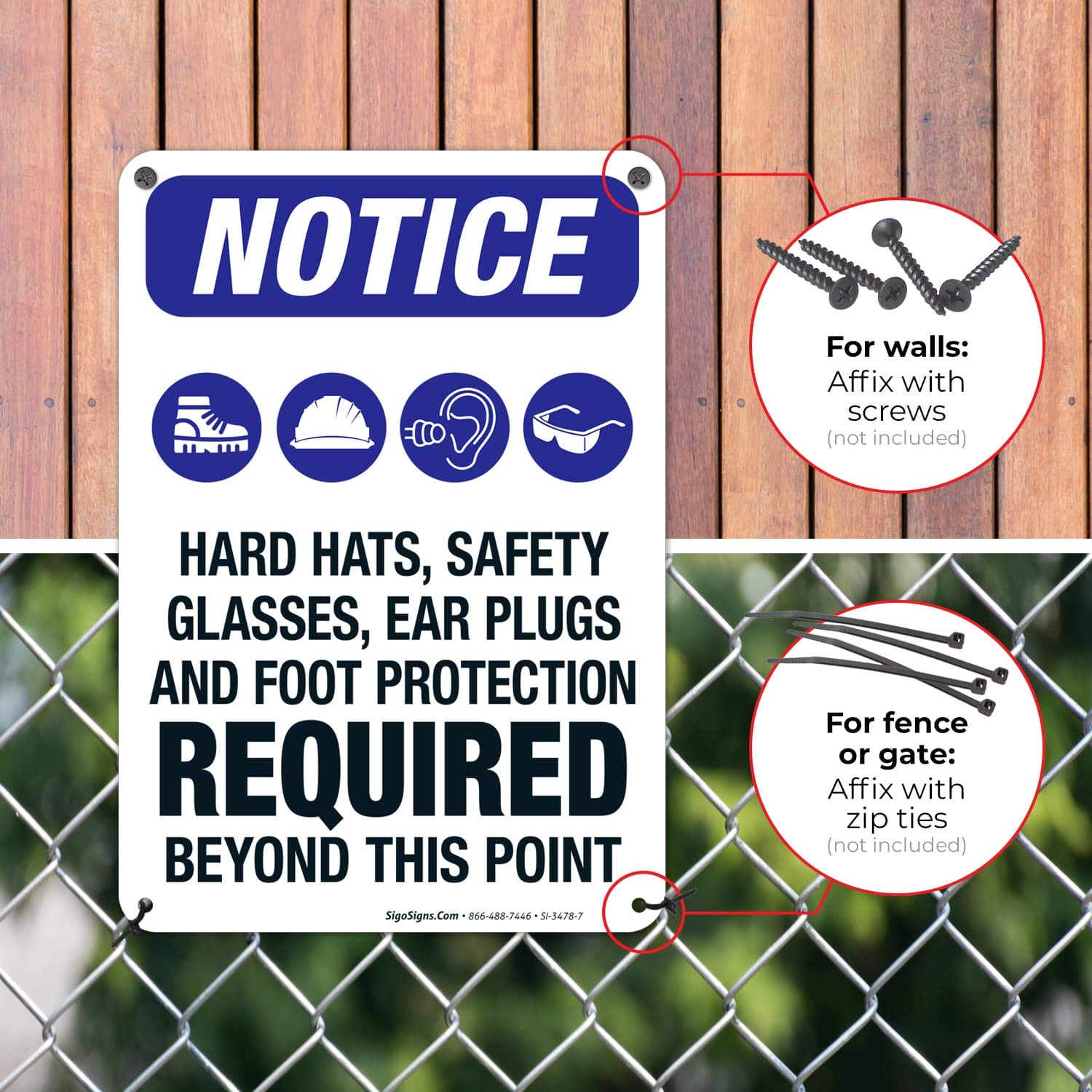 OSHA Compliant Safety Signs - Hear Hats Safety Glasses Ear Plugs & Foot Protection Required Sign | 10x7 Inch Rust-Free .040 Aluminum | Fade-Resistant for Indoor/Outdoor Use | Made in USA | Perfect for Construction Sites, Factories & Warehouses
