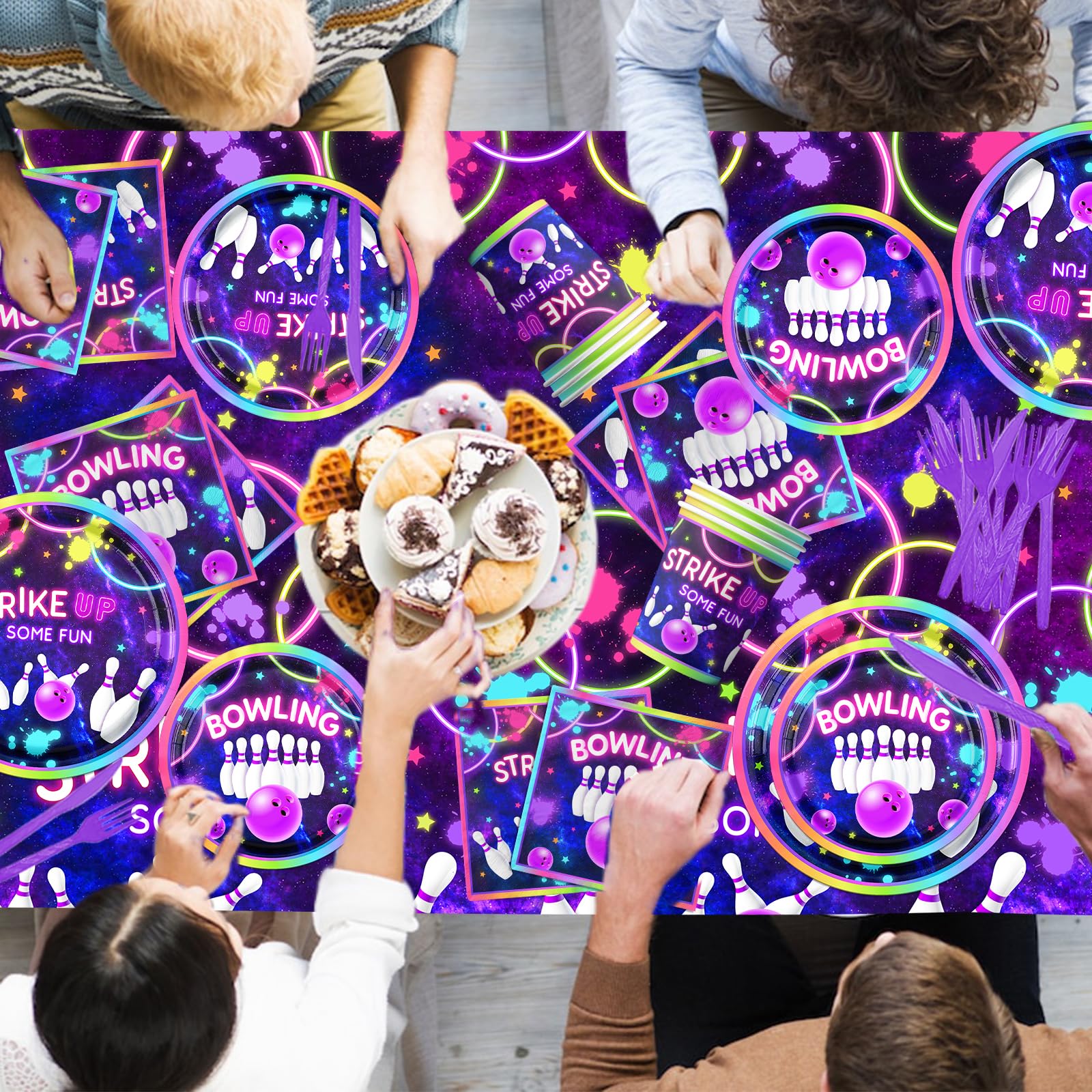 142Pcs Bowling Party Supplies Set - Disposable Plates, Tablecloth, Napkins, Cups & Utensils for Kids Birthday Decorations | Neon Rainbow Glow Theme | Perfect for Bowling Themed Parties, Baby Showers & Game Night Events