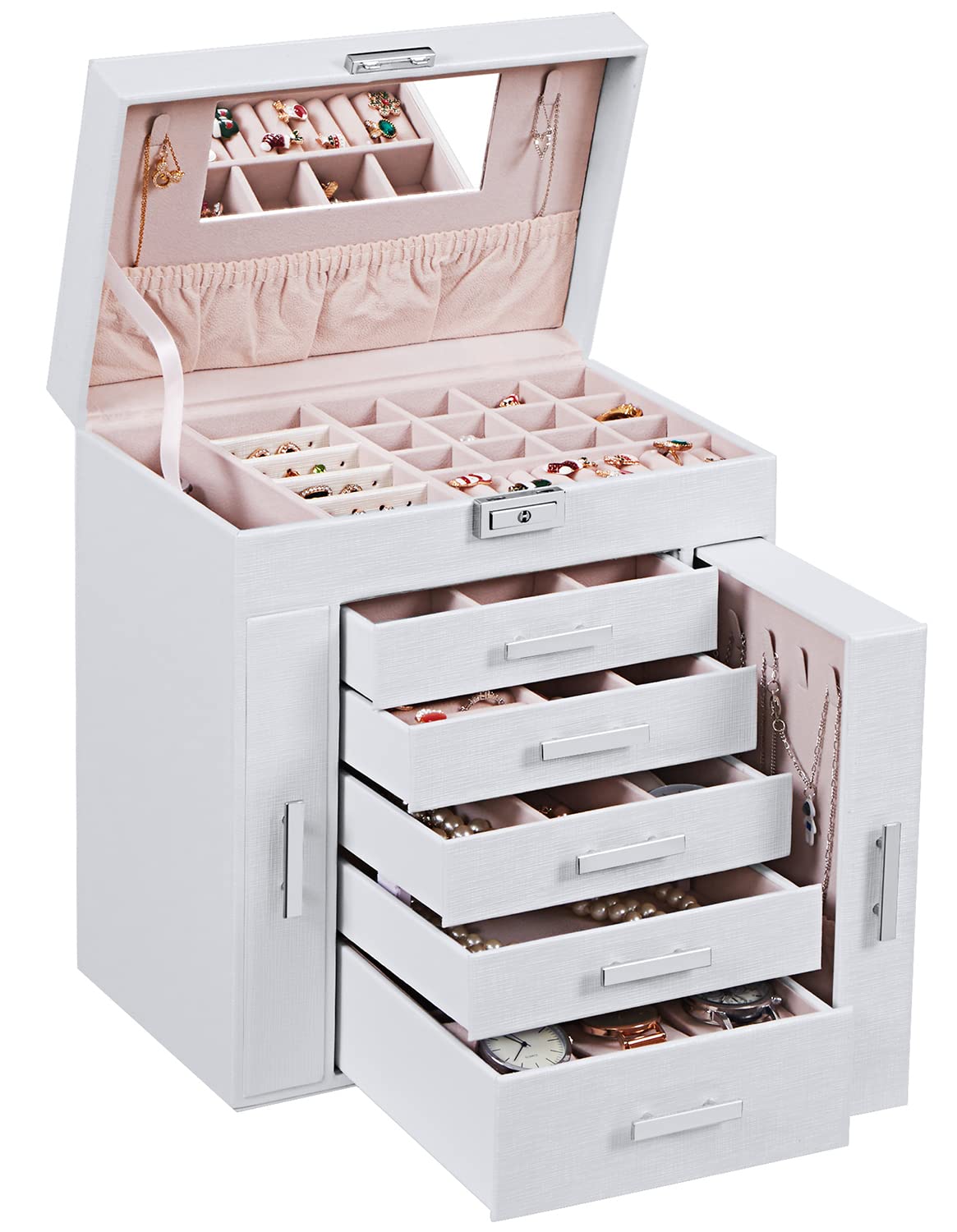 ANWBROAD Large Lockable Jewelry Organizer Box for Women - 6-Tier Display Storage Case with Necklace Hanger - White PU Leather Jewelry Box for Earrings, Rings & Bracelets - Perfect for Bedroom Vanity, Travel & Gift Giving