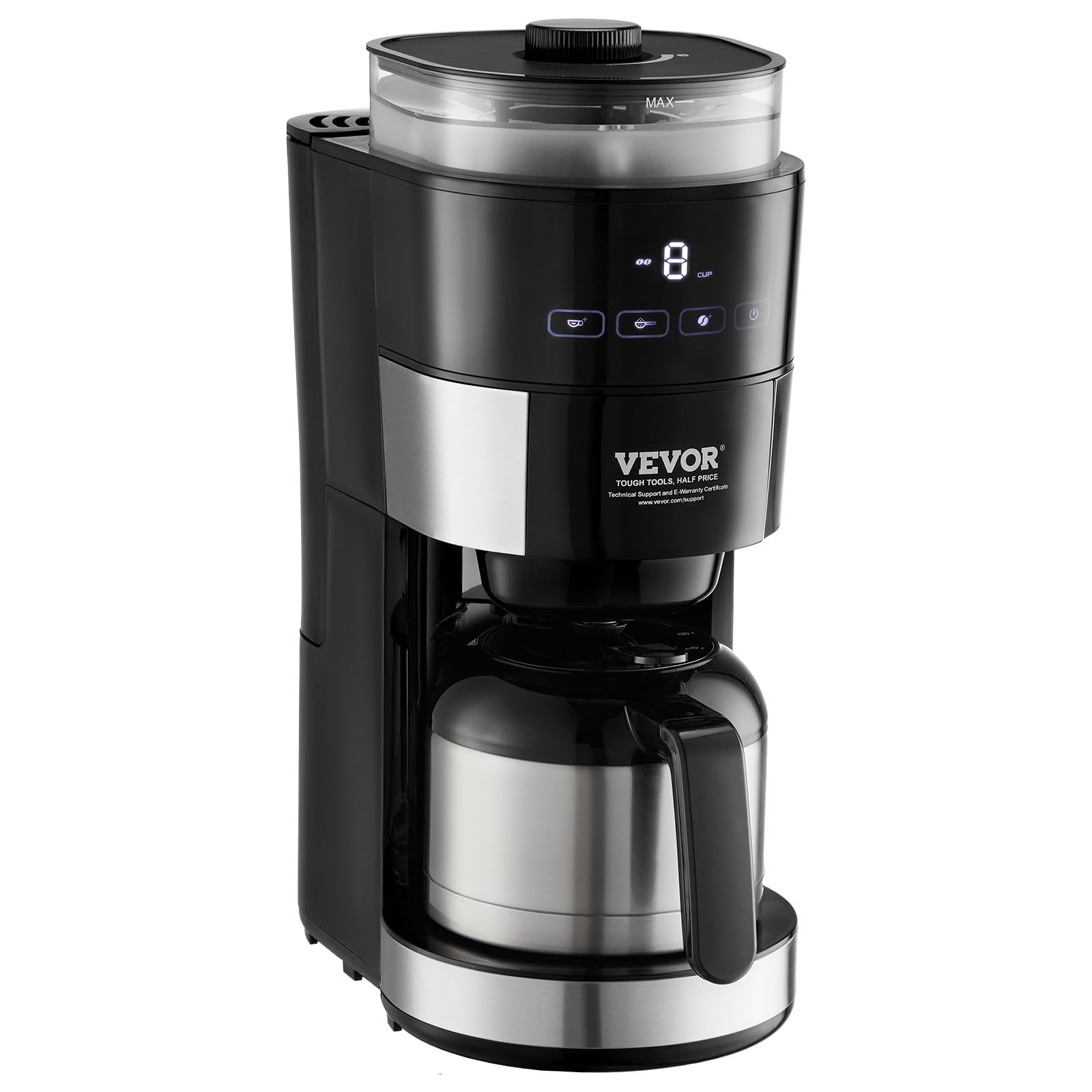 VEVOR 8-Cup Programmable Coffee Maker with Built-in Grinder - 3 Brew Strength Control, Reusable Filter & Removable Water Tank - Perfect for Home, Office & Restaurant Use - Freshly Ground Coffee Anytime