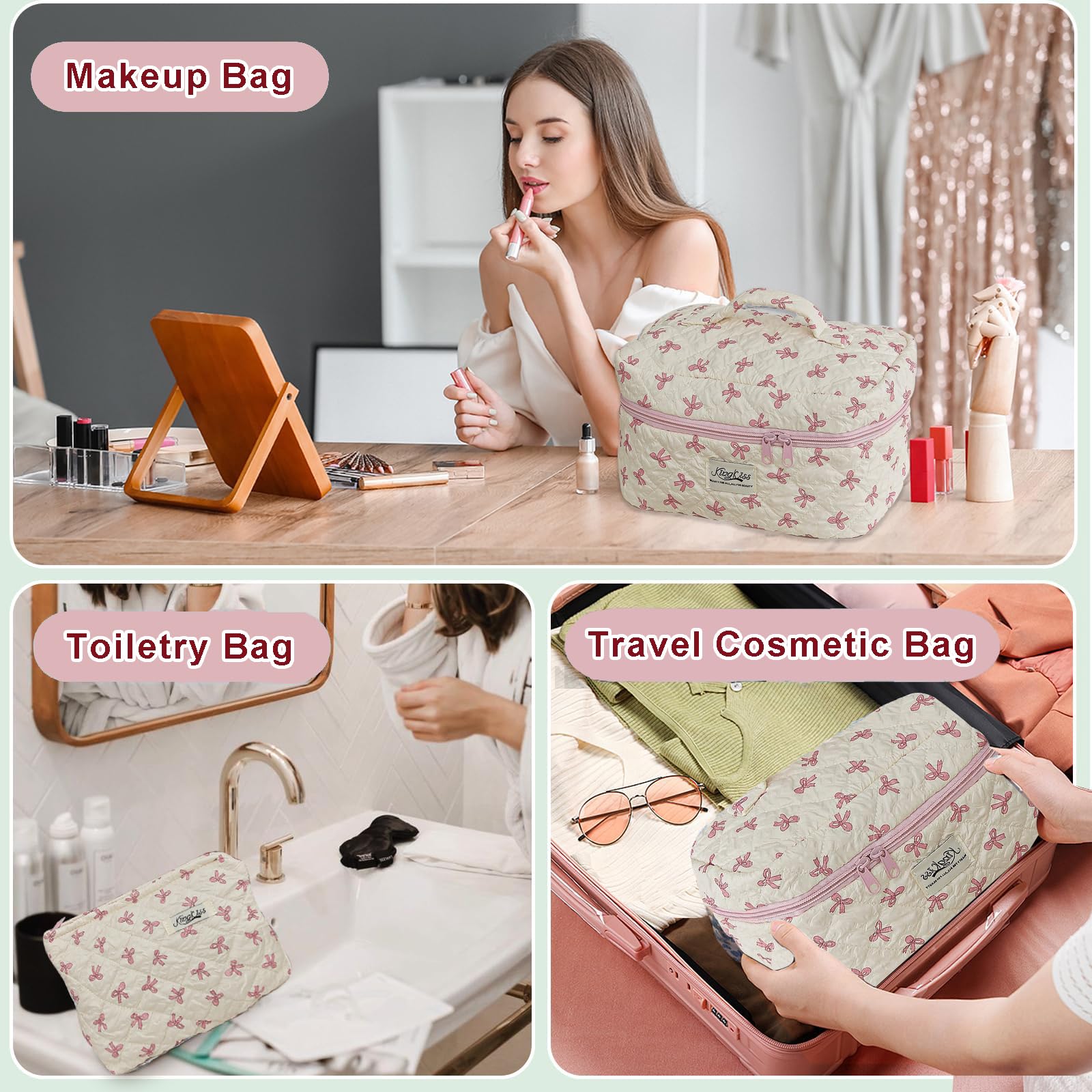 3 Pcs Cotton Floral Makeup Bag Set - Quilted Cosmetic Organizer with Bow for Women & Girls | Perfect for Travel, Gym, and Daily Beauty Storage