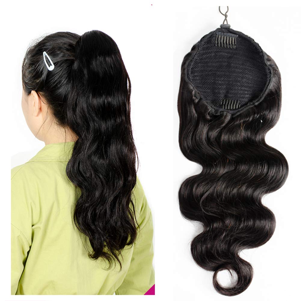 Brazilian Remy Human Hair Ponytail Extension - Body Wave Straight Hair Donut Chignon Wrap with Drawstring & 2 Clips | Natural Black Hairpiece for Women | Perfect for Parties, Weddings & Daily Styling