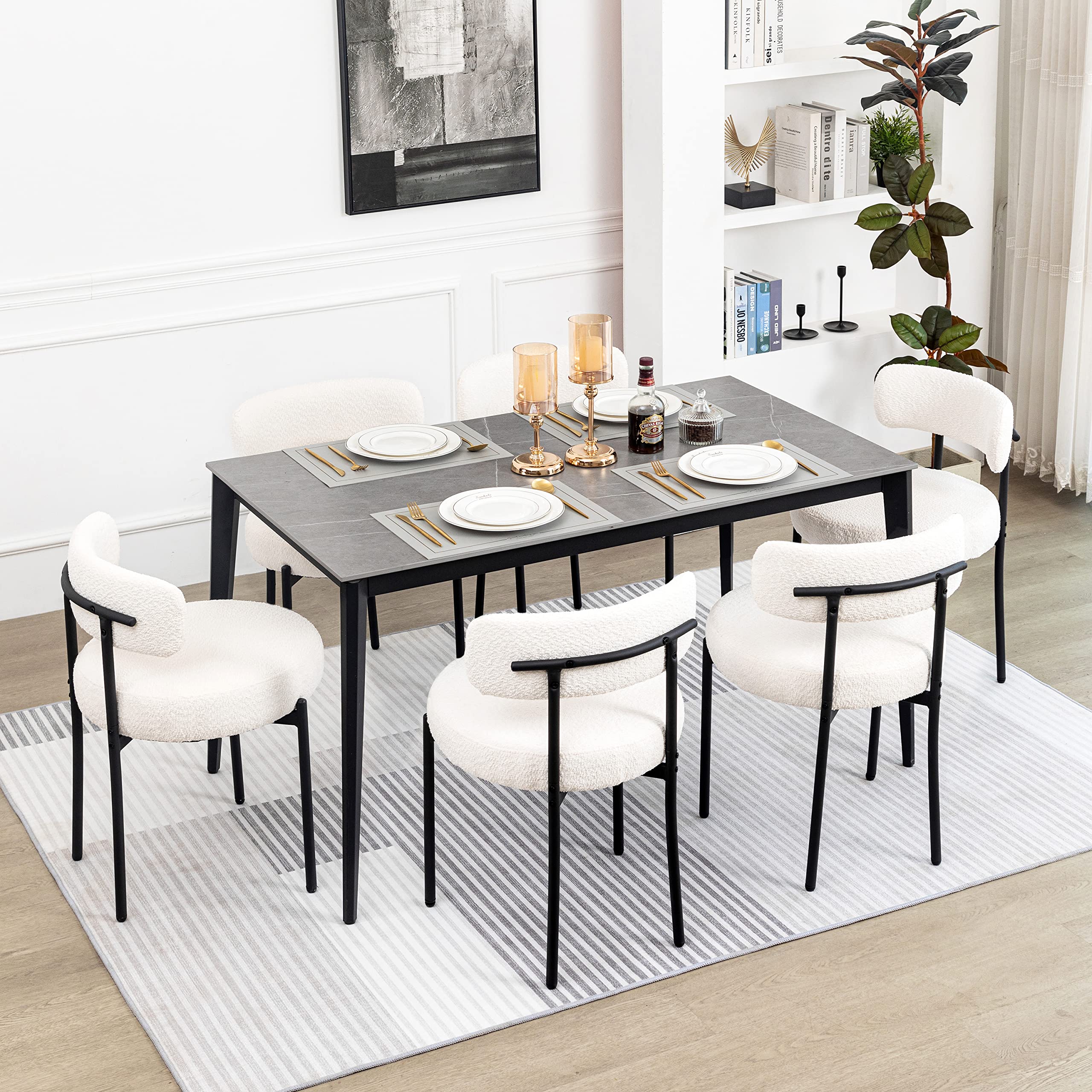 DYHOME 6-Piece White Boucle Dining Chairs Set - Mid Century Modern Upholstered Chairs with Curved Backrest & Black Metal Legs - Perfect for Kitchen, Dining Room, Restaurant & Cafe