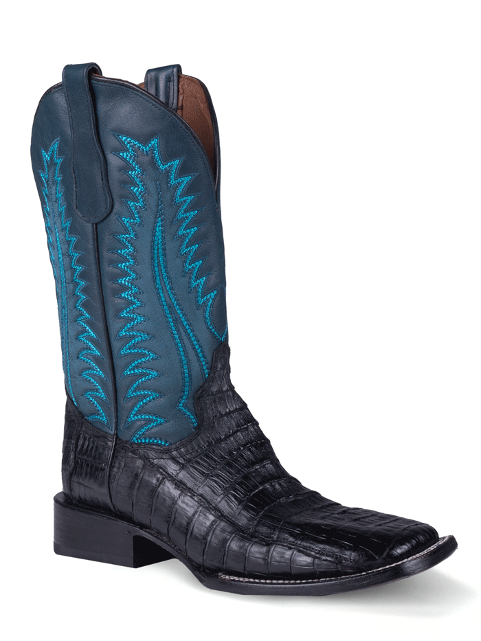 Circle G L6052 Men's Caiman Embroidery Wide Square Toe Cowboy Boots - Blue & Charcoal Gray - Western Style for Rodeo, Country Dance & Outdoor Events