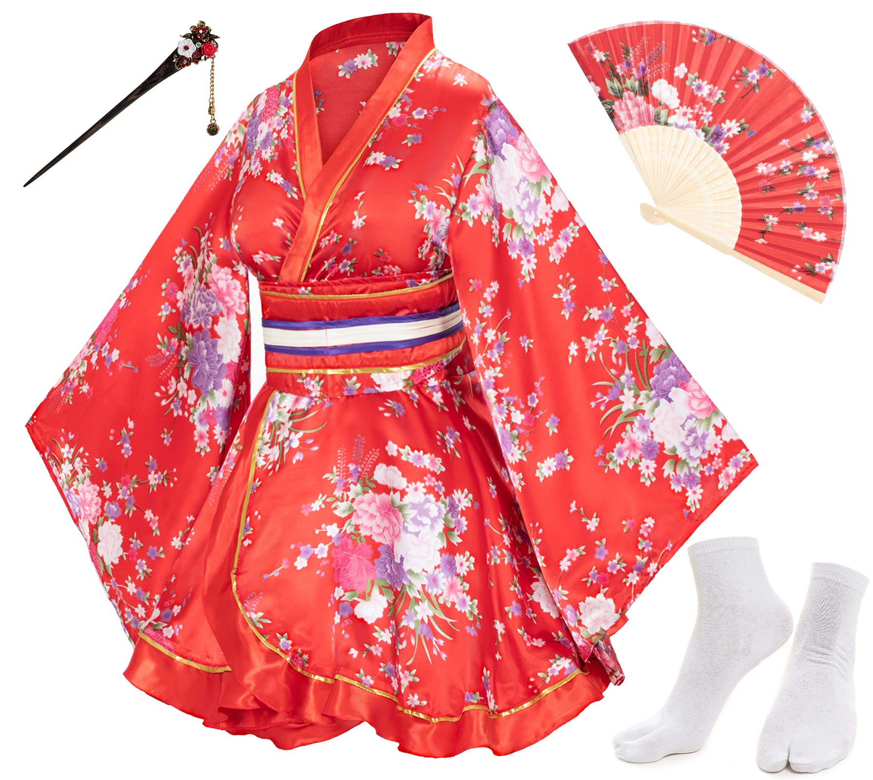 Japanese Anime Cosplay Kimono Robe Set with Silk Fan & Tabi Socks - Traditional Women's Dance Costume for Halloween, Cosplay Events & Themed Parties