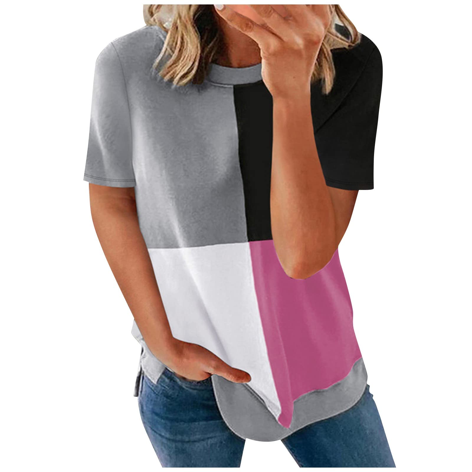 Women's Casual Crew Neck T-Shirts - Color Block Short Sleeve Basic Tees | Loose Fit Comfortable Cotton Tops for Everyday Wear, Outfits & Layering