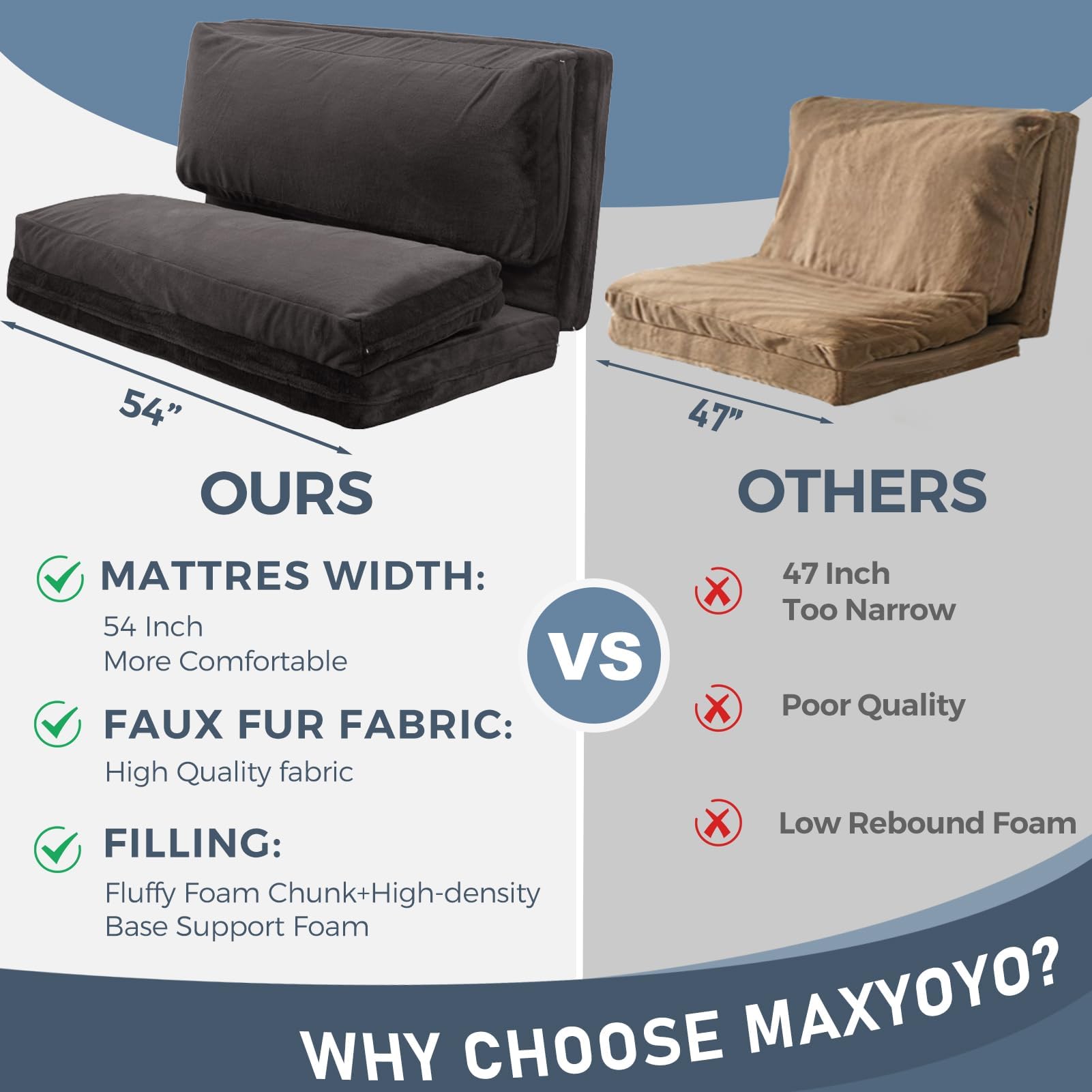 MAXYOYO Extra Thick Faux Fur Bean Bag Bed - 54x95 Inch Foldable Sofa Bed & Floor Mattress for Adults, Washable Cover, Dark Grey - Perfect for Bedroom, Living Room, Dorm & Guest Room Lounging