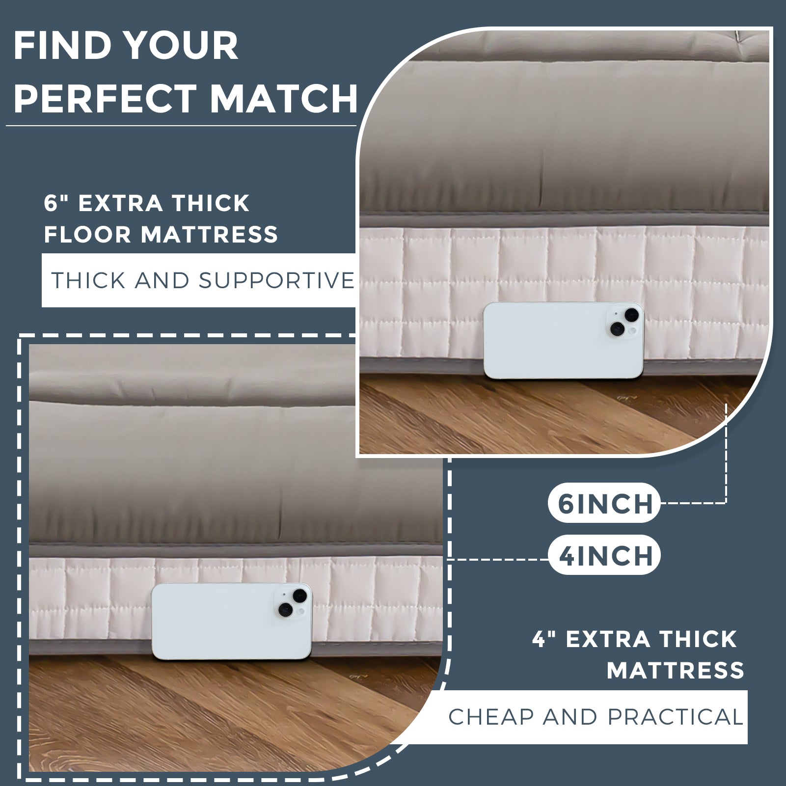 MAXYOYO 6-Inch Extra Thick Floor Futon Mattress - Square Quilting Design, Dark Grey | Foldable Guest Bed, Floor Couch, Dorm Room & Small Space Solution